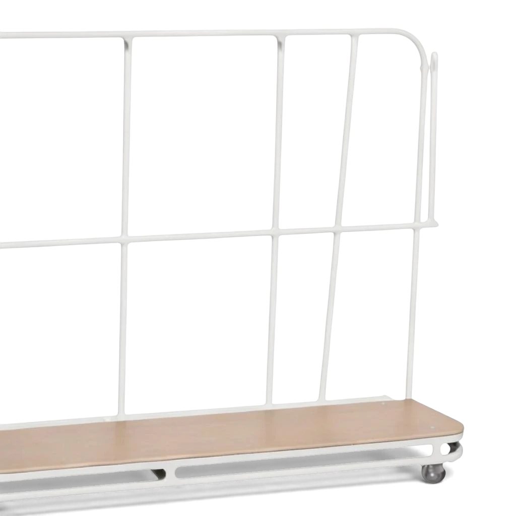 UK Gym Pits inclined vertical mat trolley with white metal frame and wooden base for gym equipment storage