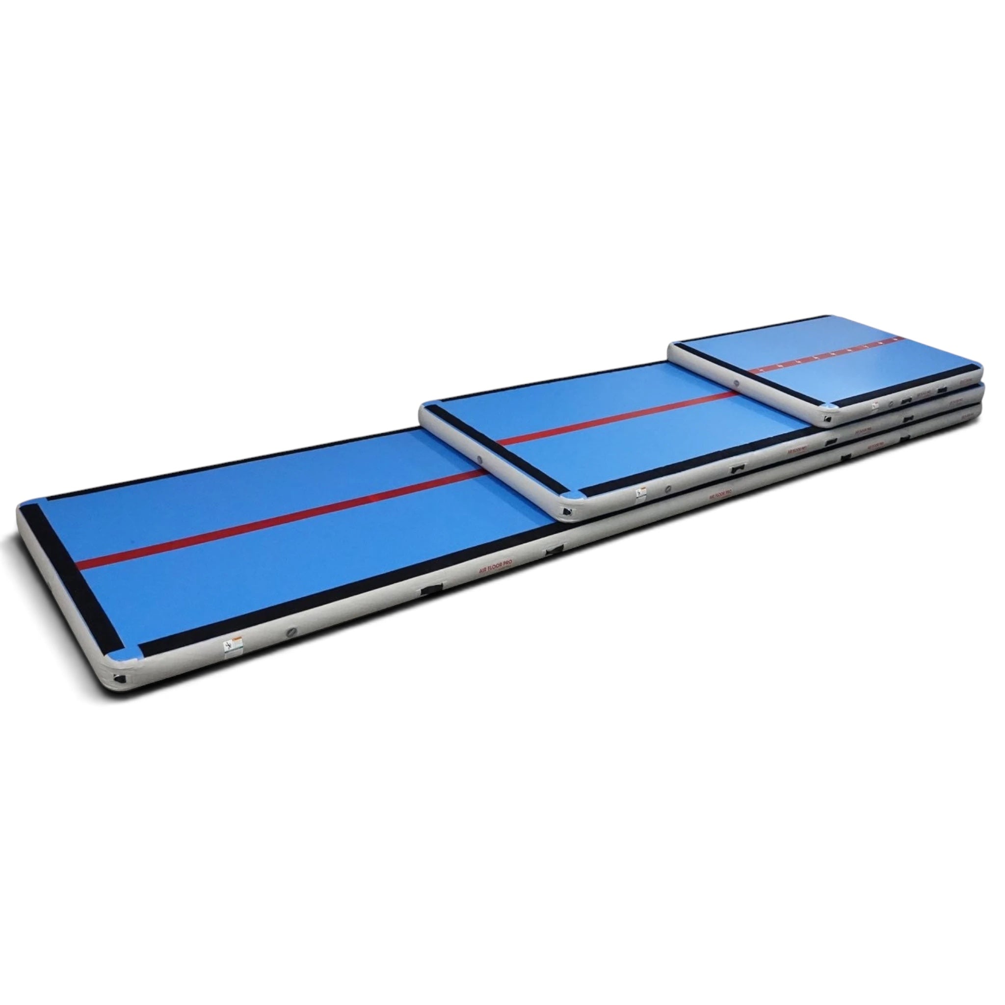 UK Gym Pits Inflatable Air Floor Pro with blue surface, red centre line, and black edges for gymnastics training.
