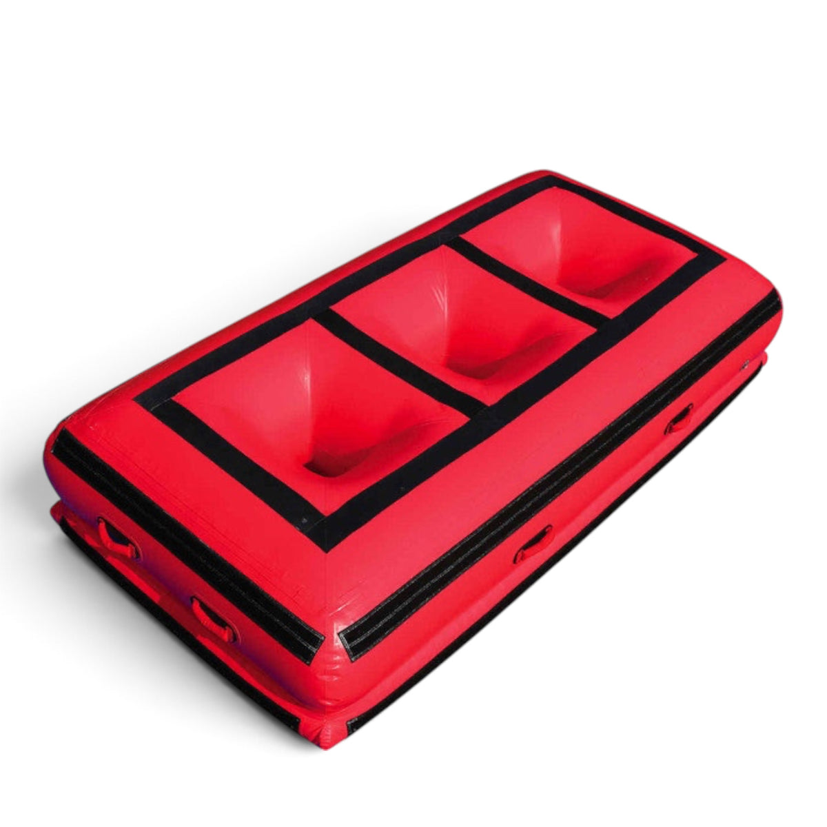 UK Gym Pits inflatable air platform in red vinyl with three pit cavities and black trim for gymnastics training