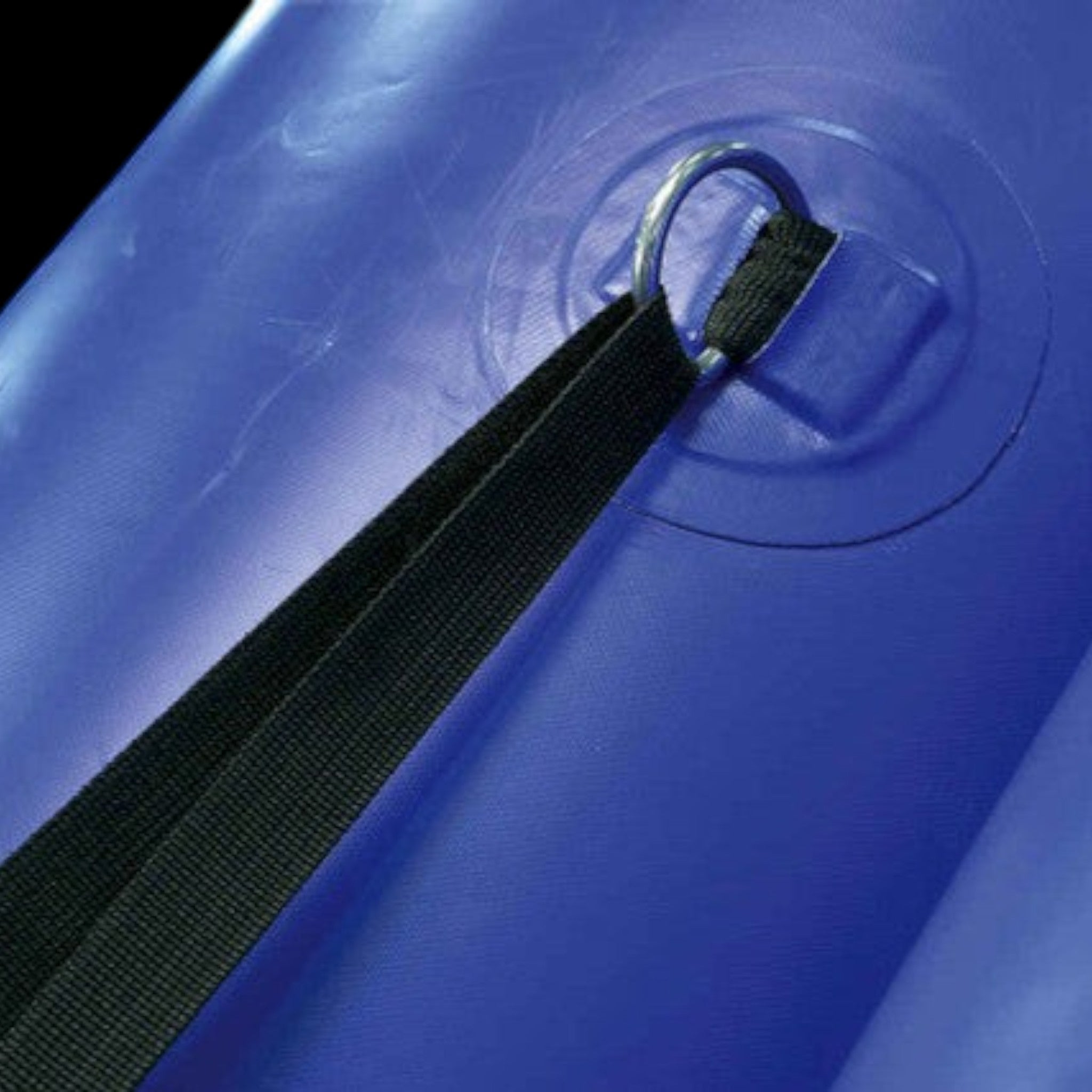UK Gym Pits blue inflatable fitness wheel featuring a durable D-ring and heavy-duty black webbed strap attachment