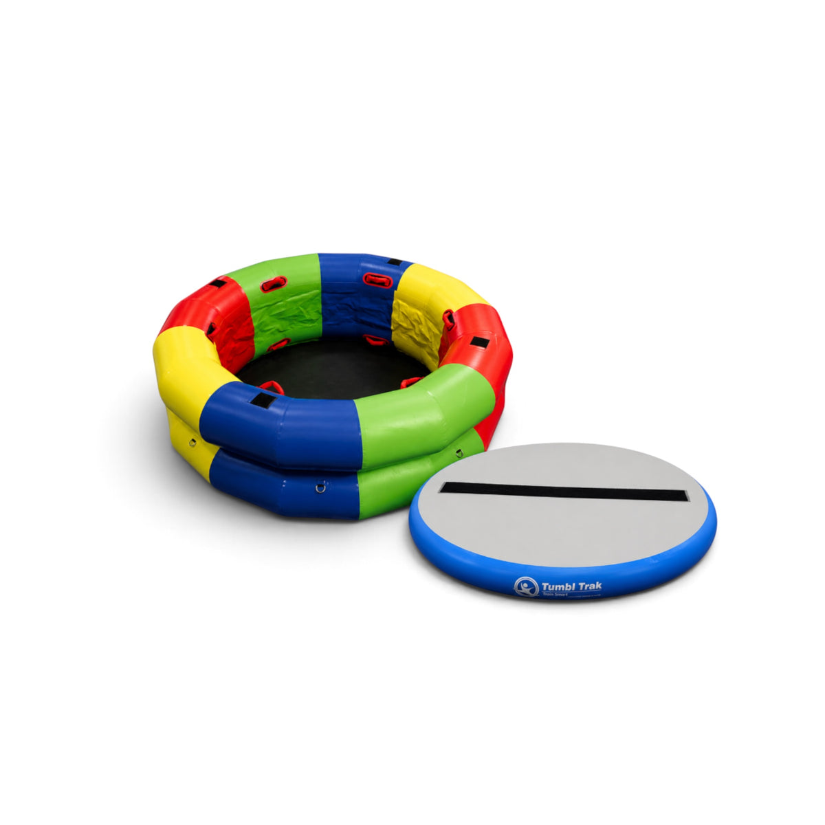 UK Gym Pits colourful inflatable fitness wheel with matching circular hot spot mat for children's gymnastics training.