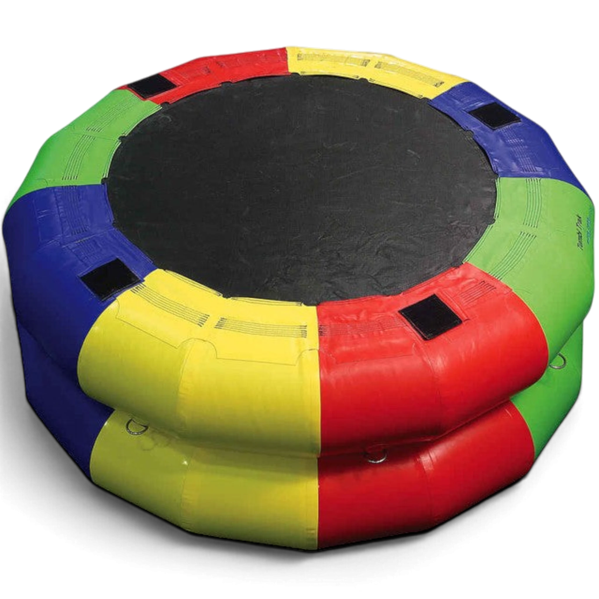 UK Gym Pits multi-coloured inflatable fitness wheel with a black central mat for children's gymnastics and play.