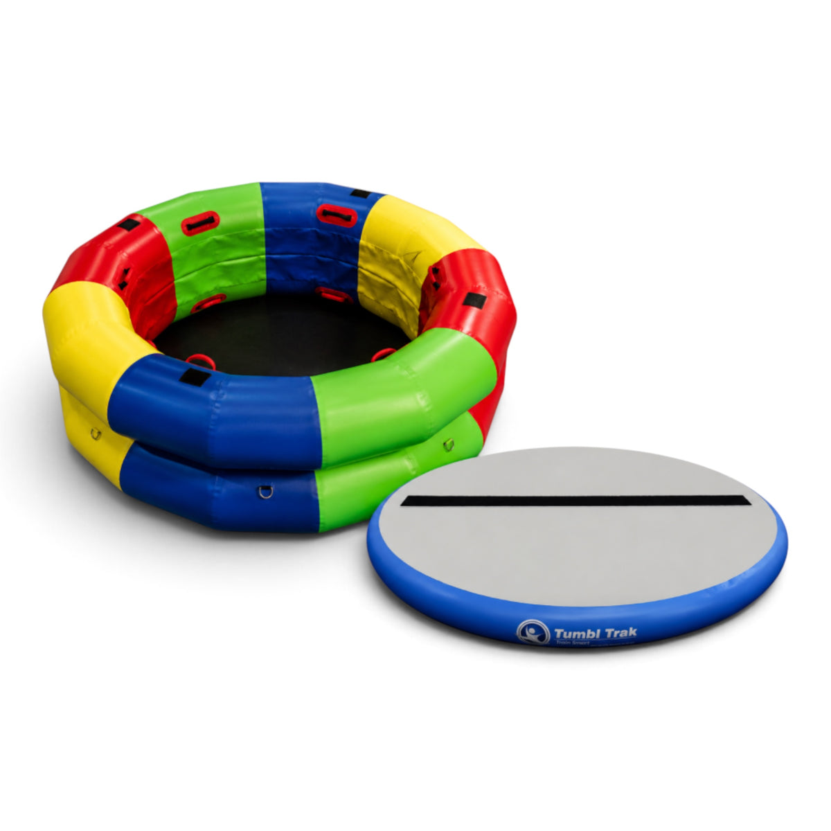 UK Gym Pits colourful inflatable fitness wheel and matching hot spot mat for children's gymnastics and play