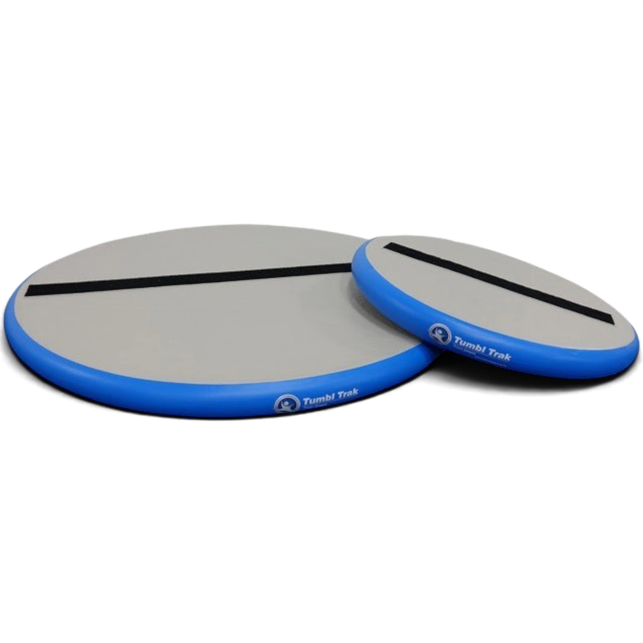 UK Gym Pits inflatable fitness wheels in blue and grey with black centre lines for gymnastics and balance training