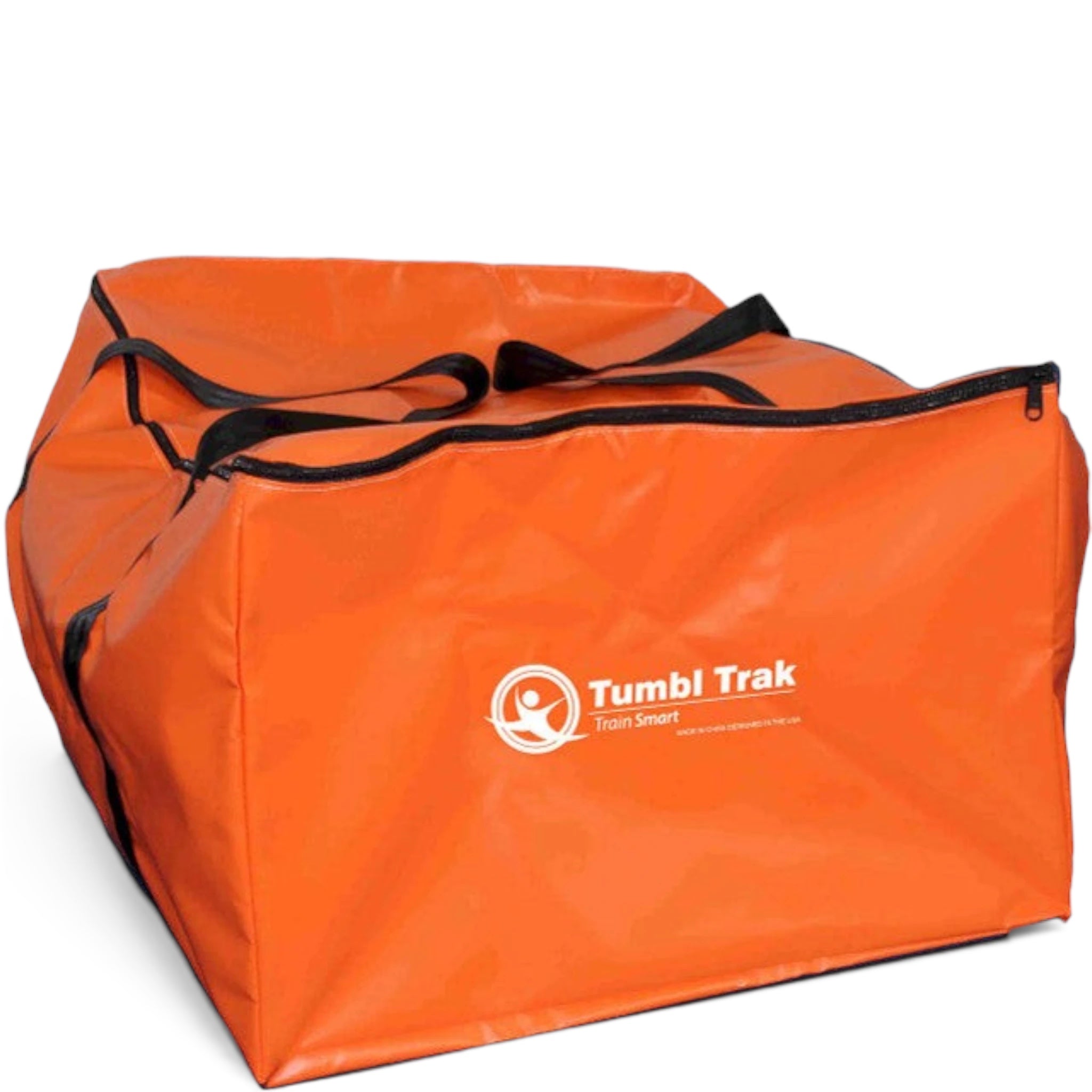 UK Gym Pits orange heavy-duty storage bag for inflatable gymnastics air floor equipment with black handles and zipper