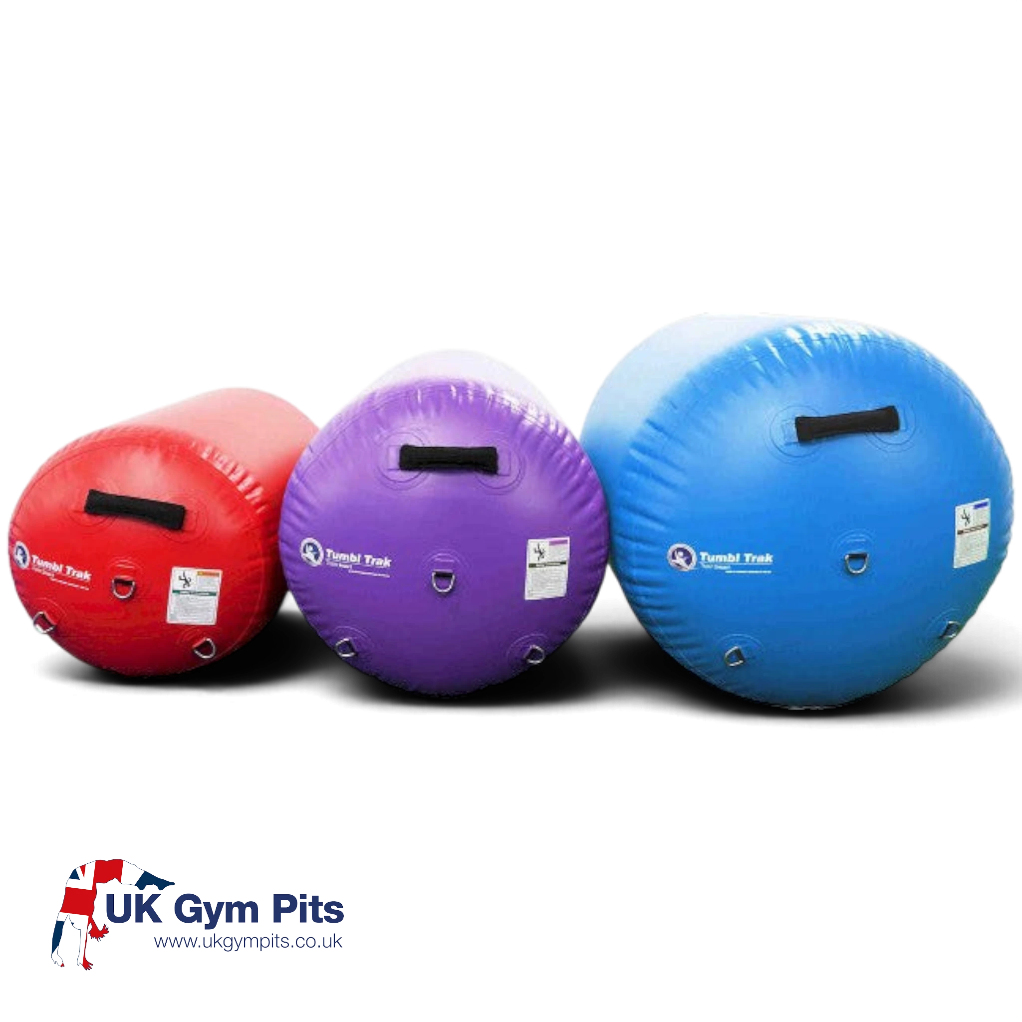 UK Gym Pits air barrels in red, purple, and sky blue sizes for gymnastics tumbling and vaulting training.