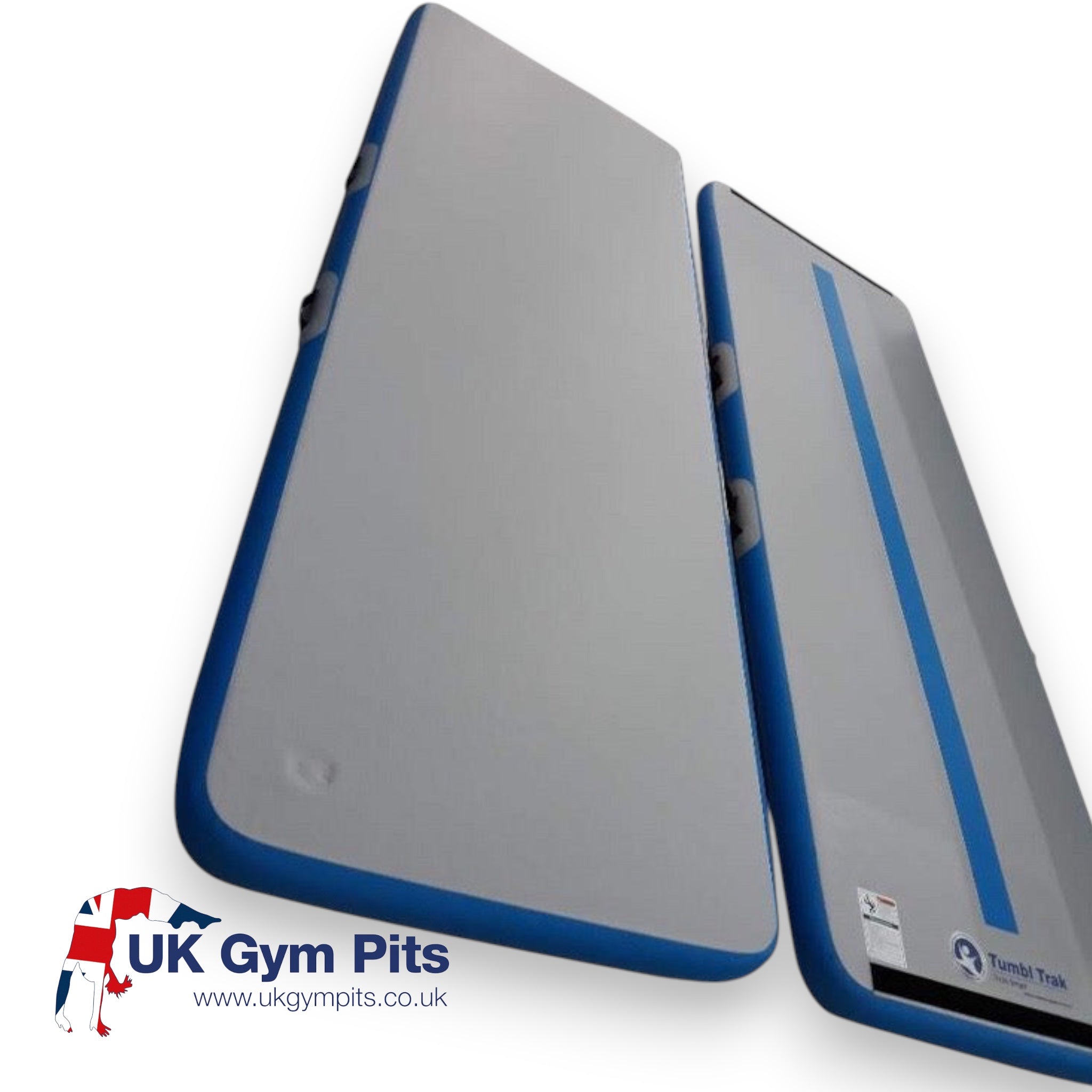 UK Gym Pits inflatable home air floor mat in grey and blue with a centre beam line for gymnastics training