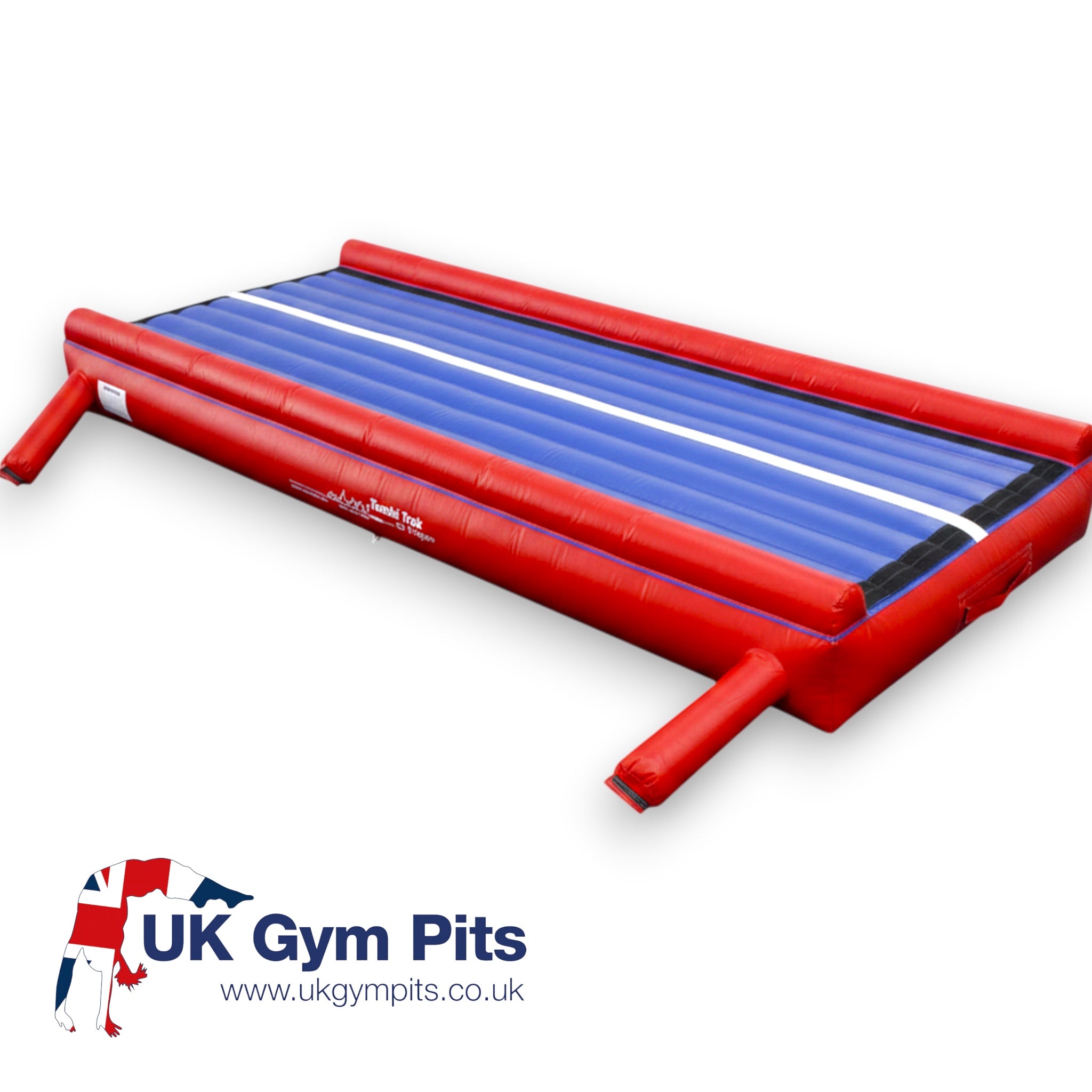 UK Gym Pits inflatable Air Trak gymnastics mat in red and blue vinyl for training and skill progression