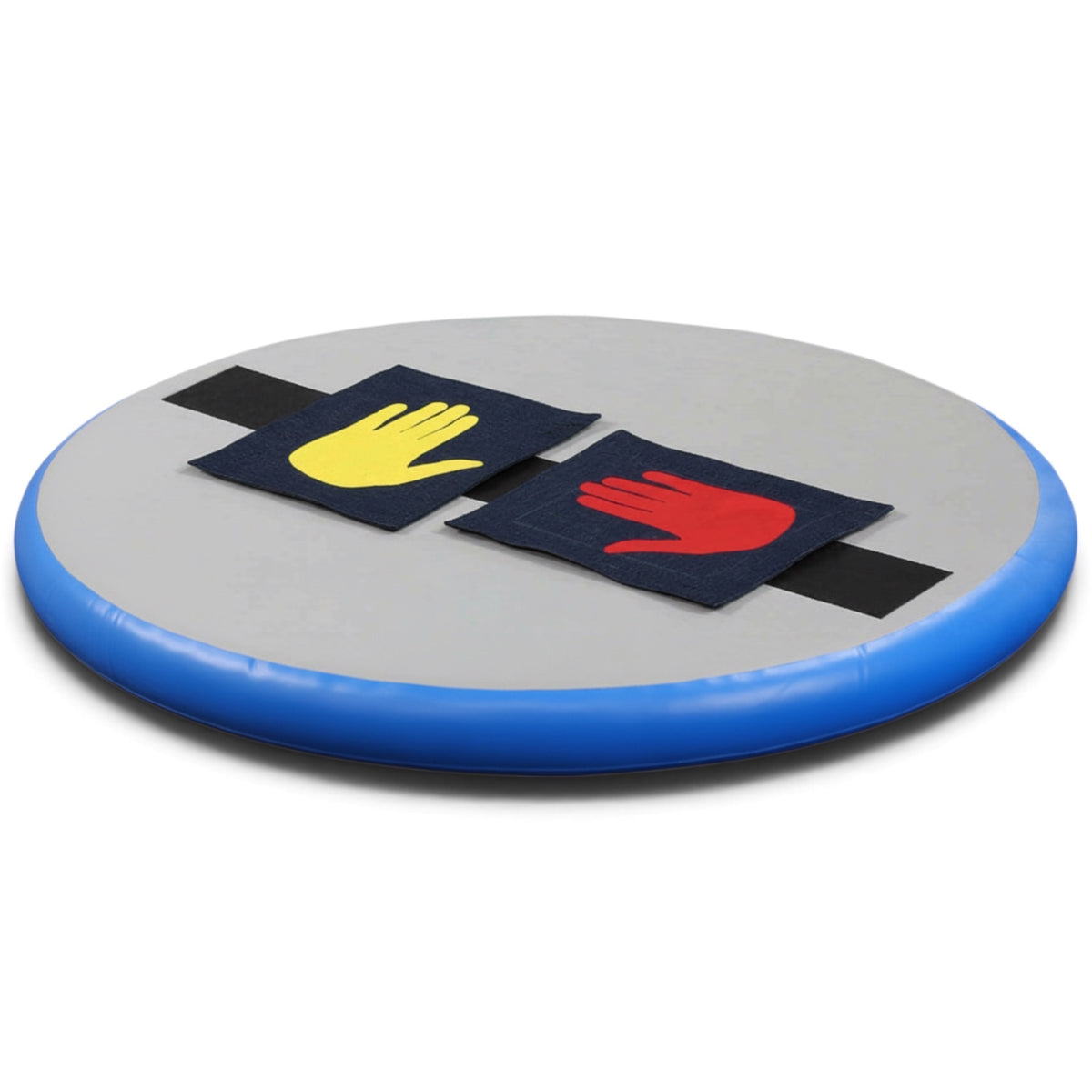 UK Gym Pits air-filled round hot spot with Velcro strip and yellow and red hand manipulatives for gymnastics training