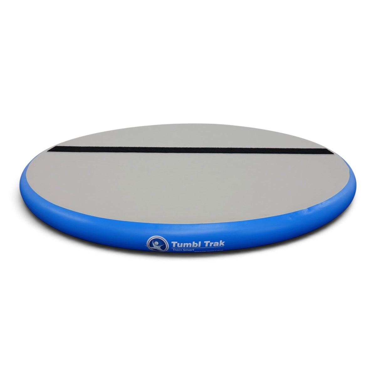 UK Gym Pits air-filled round Hot Spot training mat in grey and blue with a central Velcro strip for gymnastics