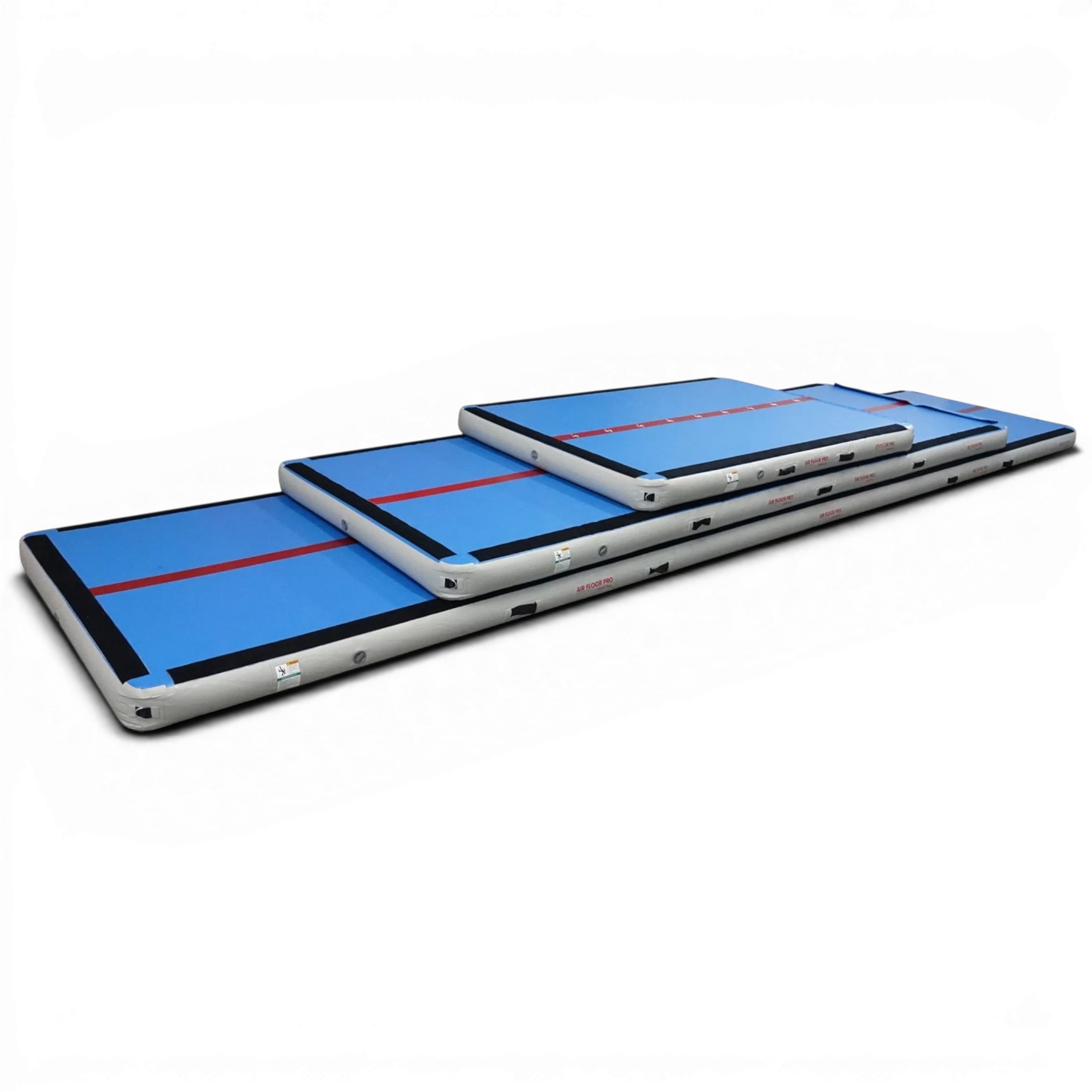 UK Gym Pits Air Floor Pro inflatable tumbling mats in blue with a red centre line, shown in three different lengths.