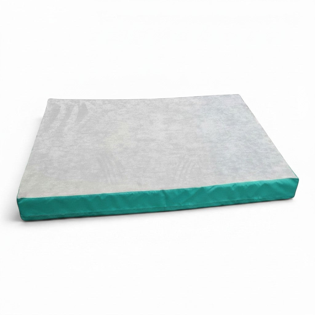 UK Gym Pits jersey topped crash mat with a soft grey fabric surface and durable green PVC sides for gymnastics