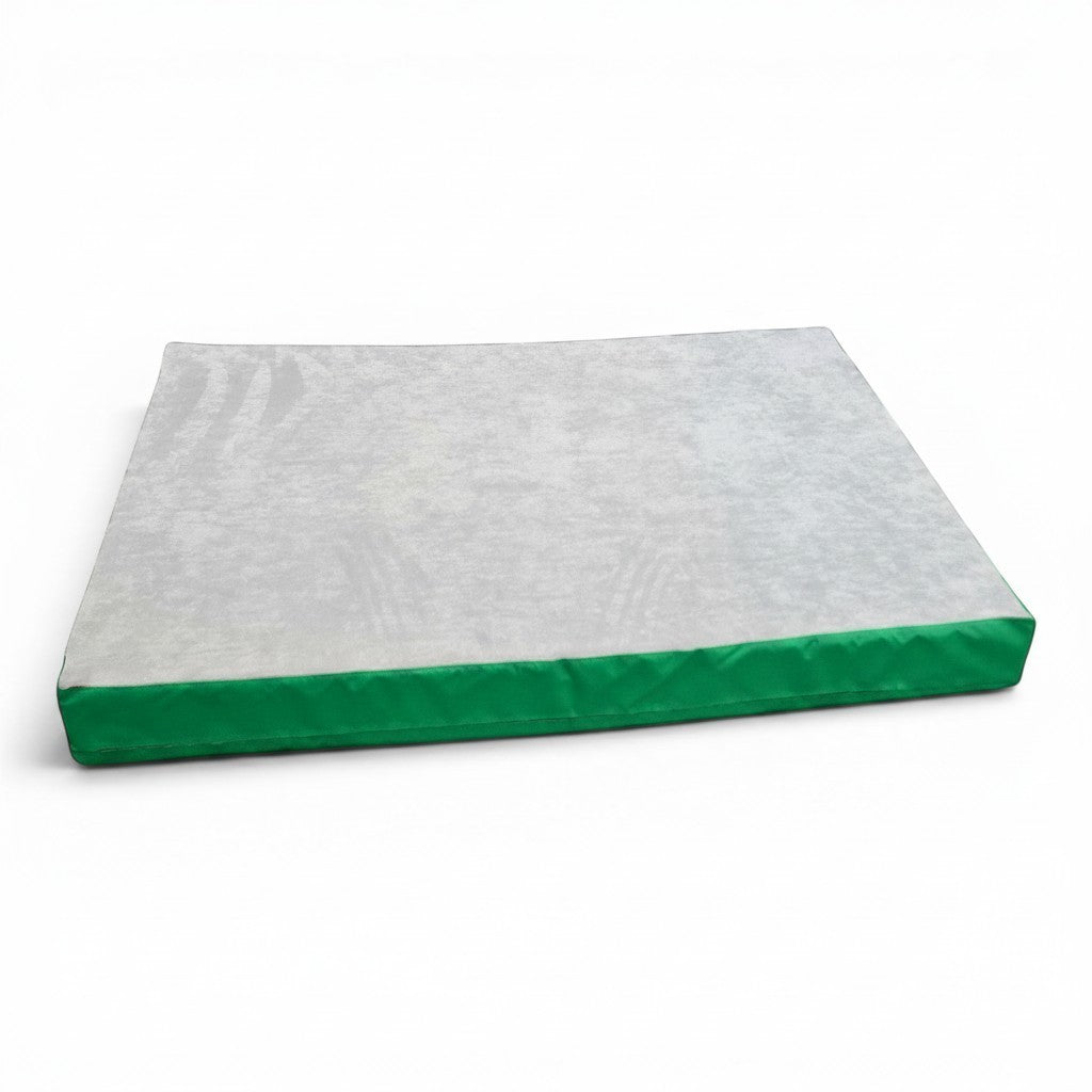 UK Gym Pits jersey topped crash mat with a soft grey fabric surface and green PVC sides for gymnastics and sports.