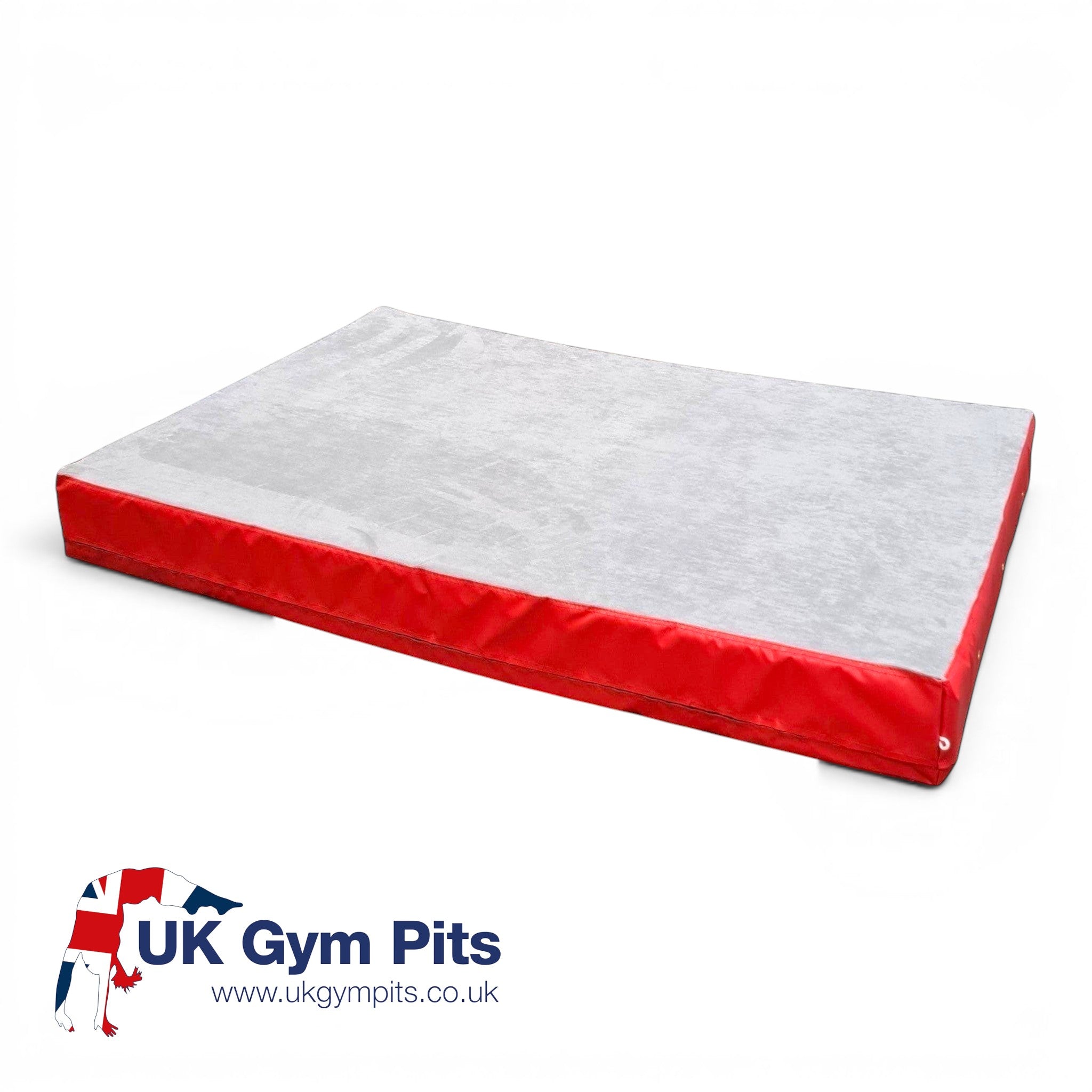 UK Gym Pits jersey topped crash mat with a soft grey fabric surface and durable red PVC sides for gymnastics