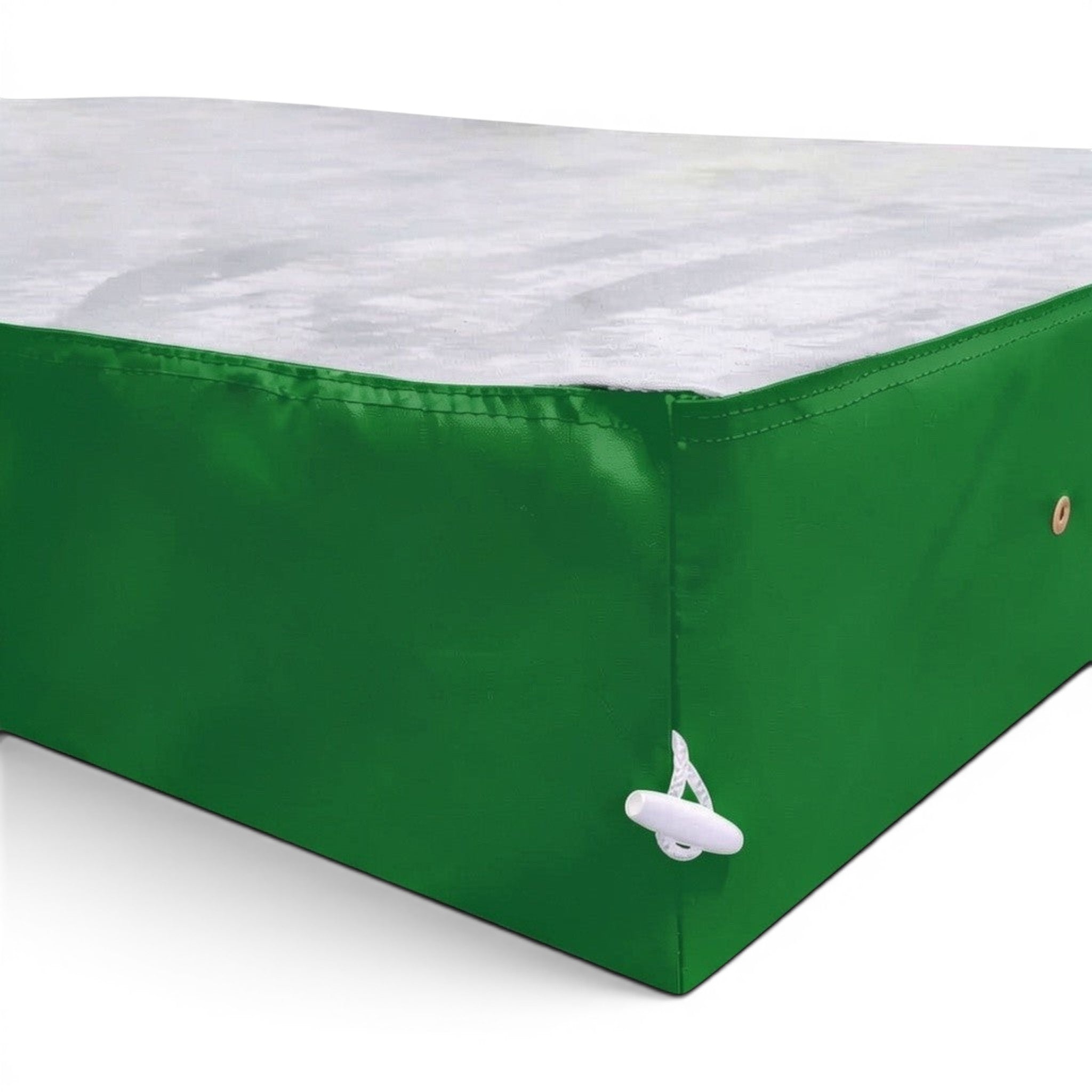 UK Gym Pits jersey topped crash mat with a grey fabric surface and green PVC sides featuring a white toggle connector