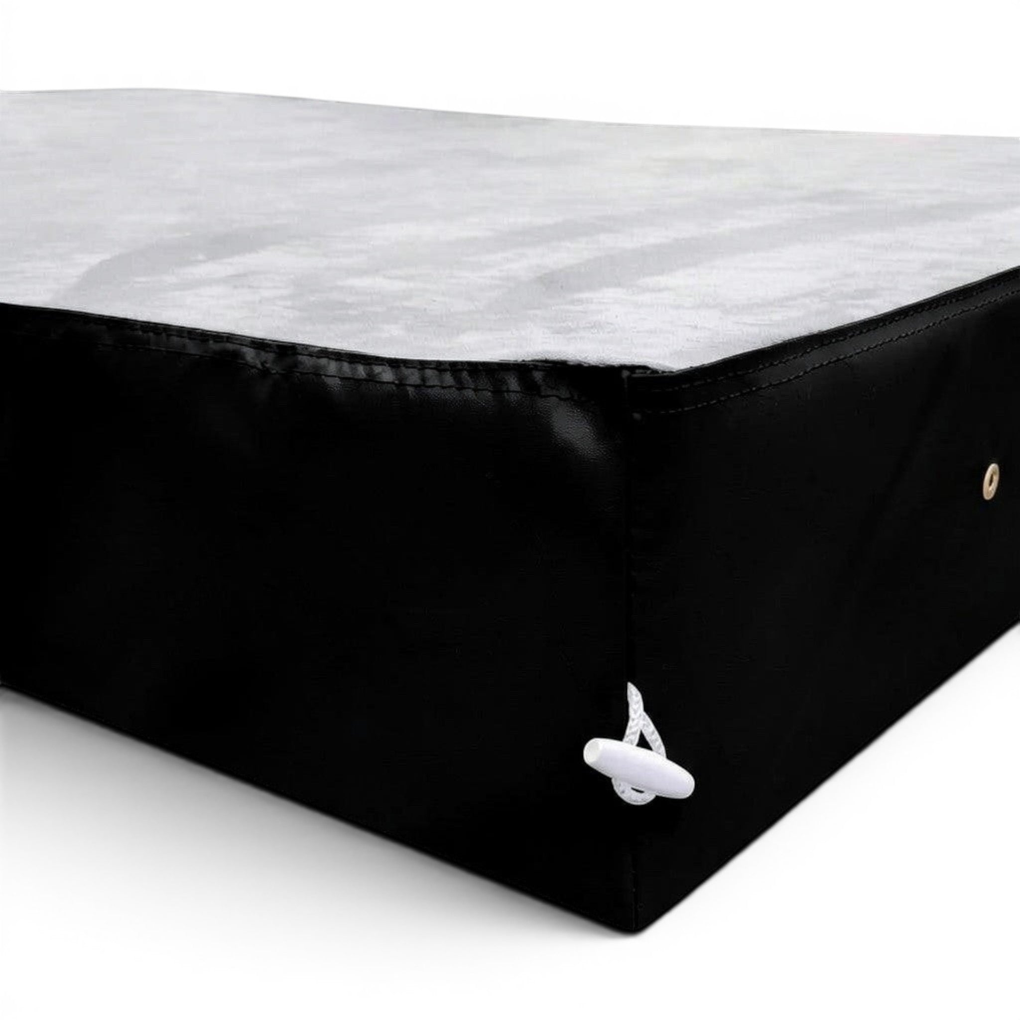UK Gym Pits jersey-topped grey and black crash mat with shock-absorbing foam and side toggles for gymnastics safety.