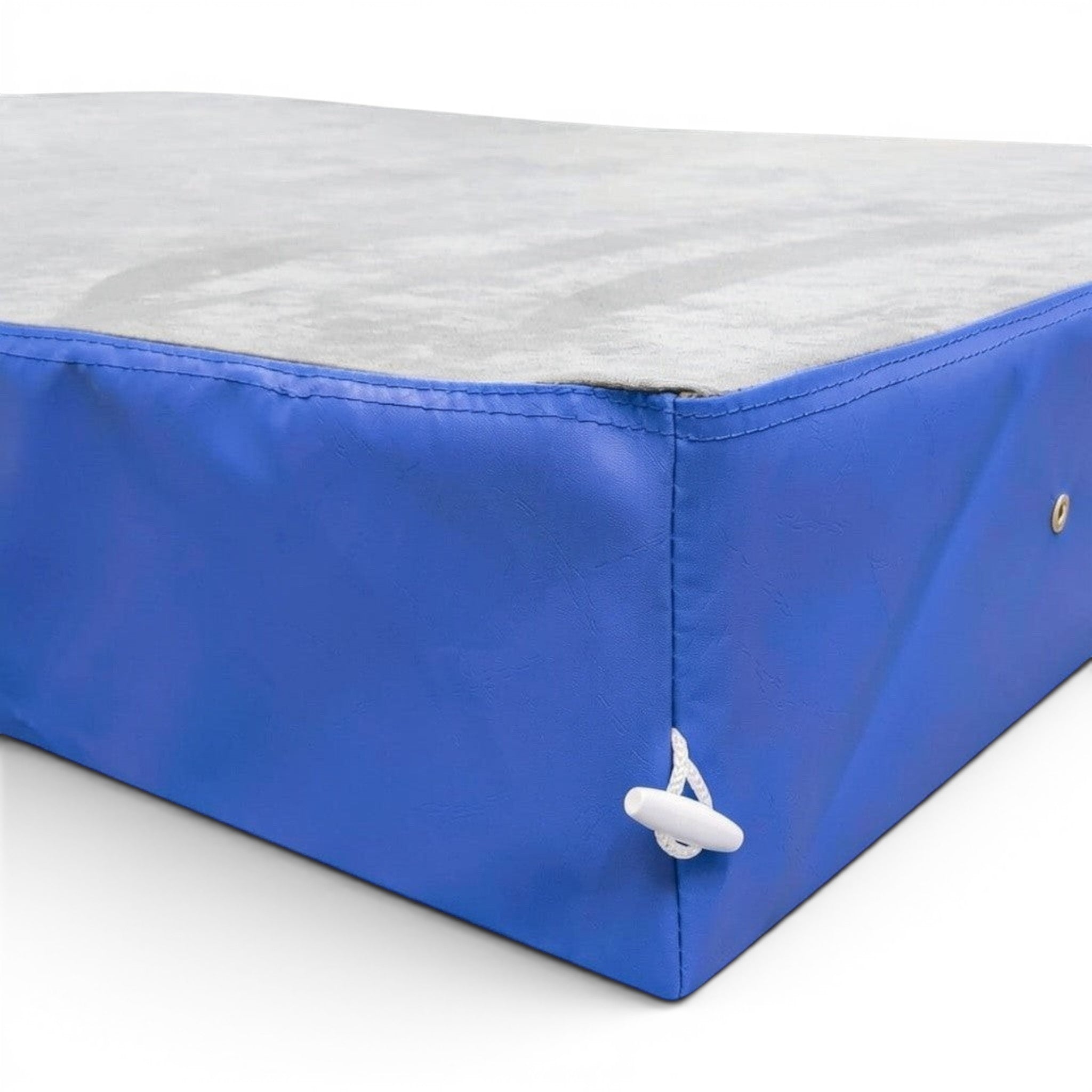 UK Gym Pits jersey-topped crash mat with a grey fabric surface and blue PVC sides featuring a white toggle connector.