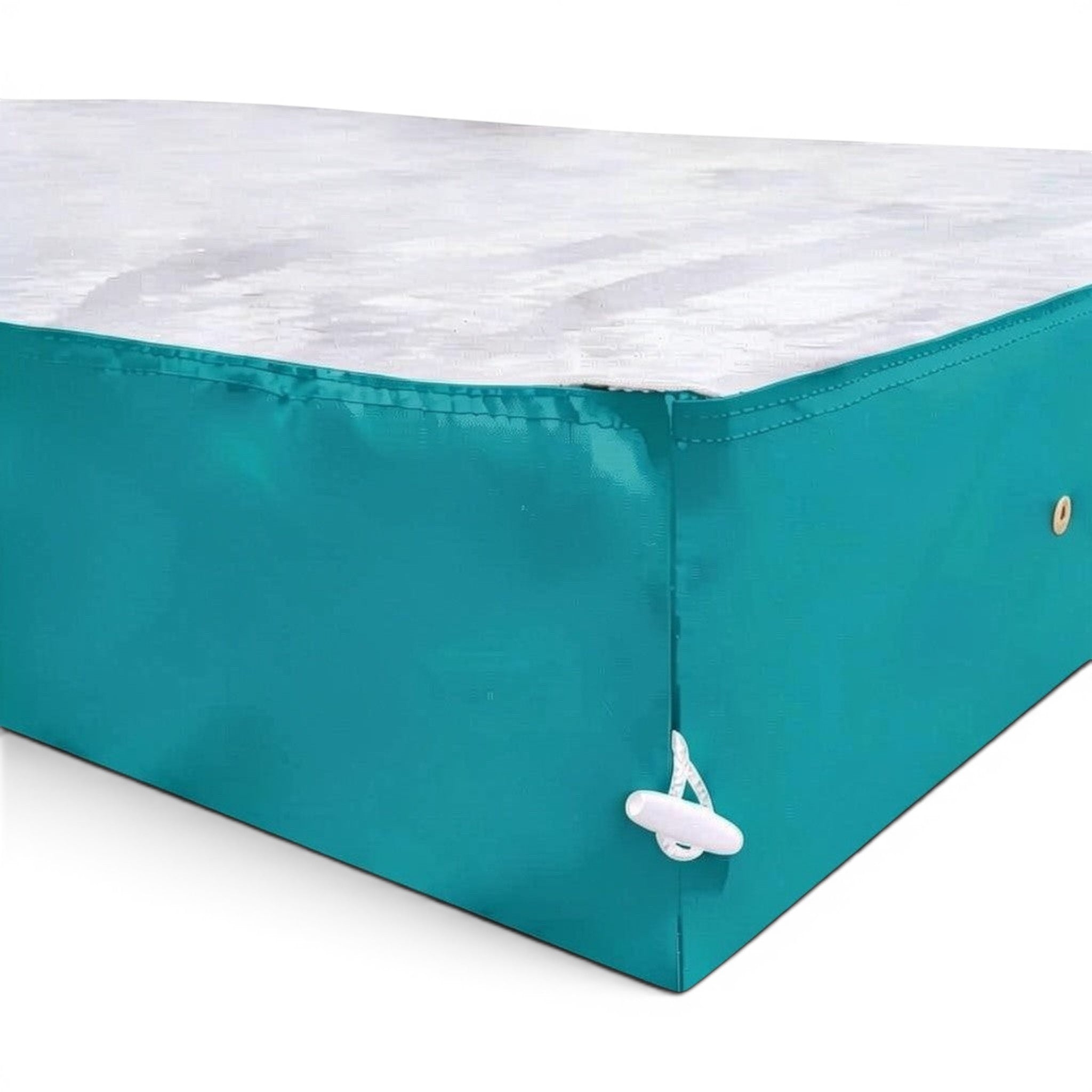 UK Gym Pits jersey topped crash mat with a grey fabric surface and teal PVC sides featuring a connector toggle