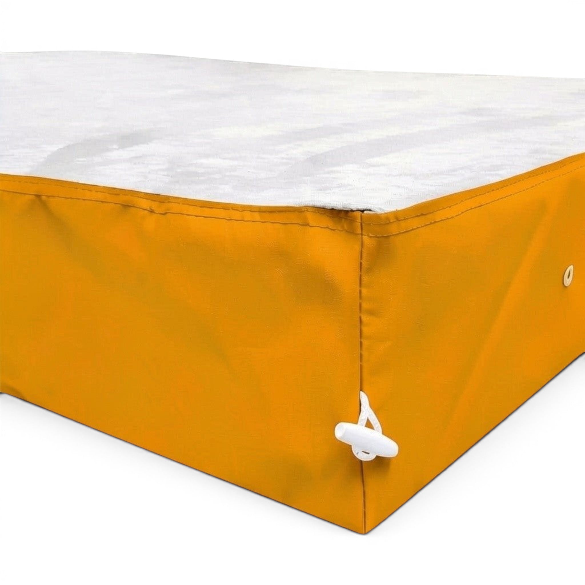 UK Gym Pits jersey topped crash mat with a grey fabric surface and yellow PVC sides featuring a corner toggle connector