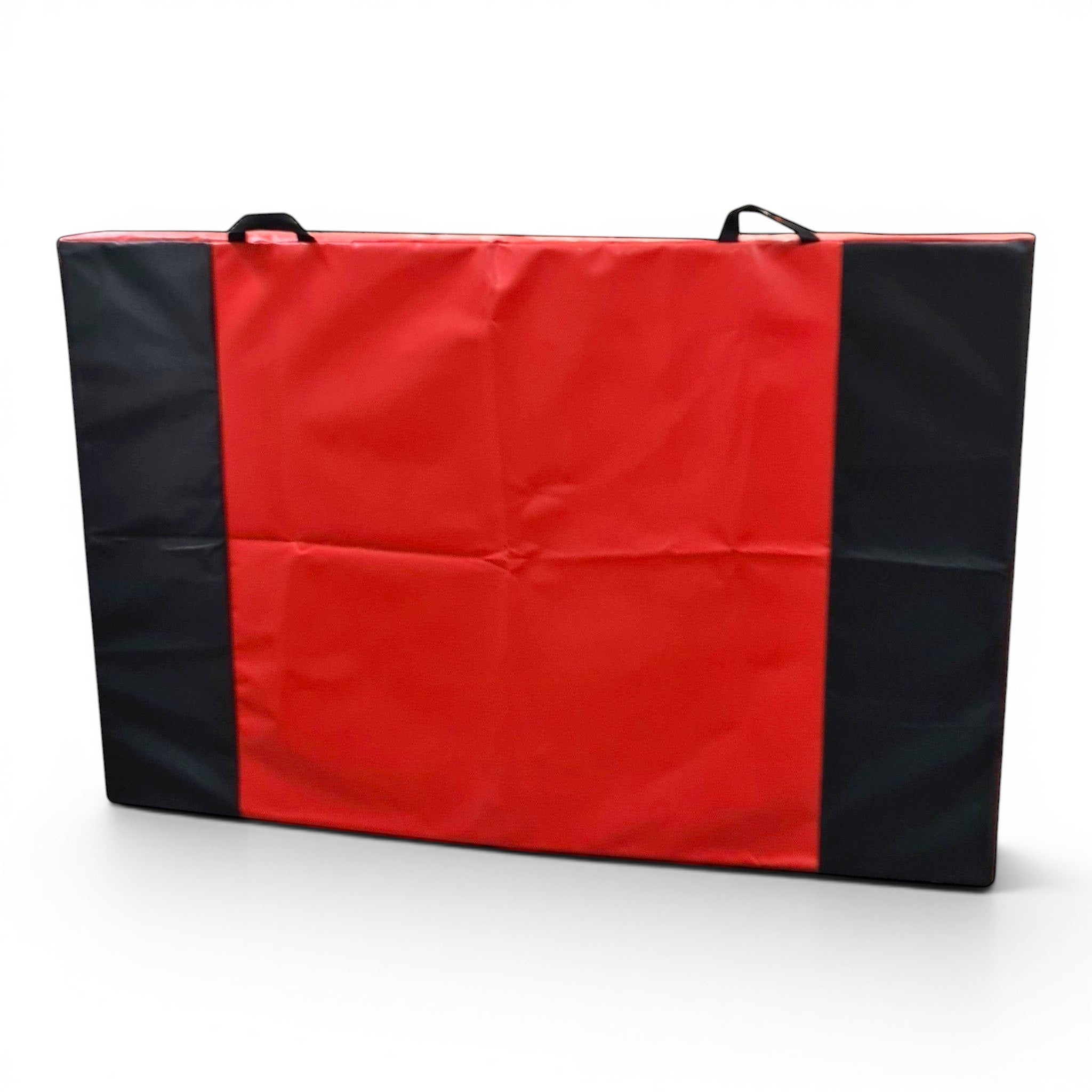 UK Gym Pits jersey topped crash mat with red and black PVC sides and heavy duty carry handles for gymnastics