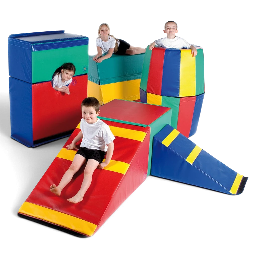 UK Gym Pits Jump for Joy Sport 7-piece soft play gymnastics set with children climbing on colourful foam apparatus
