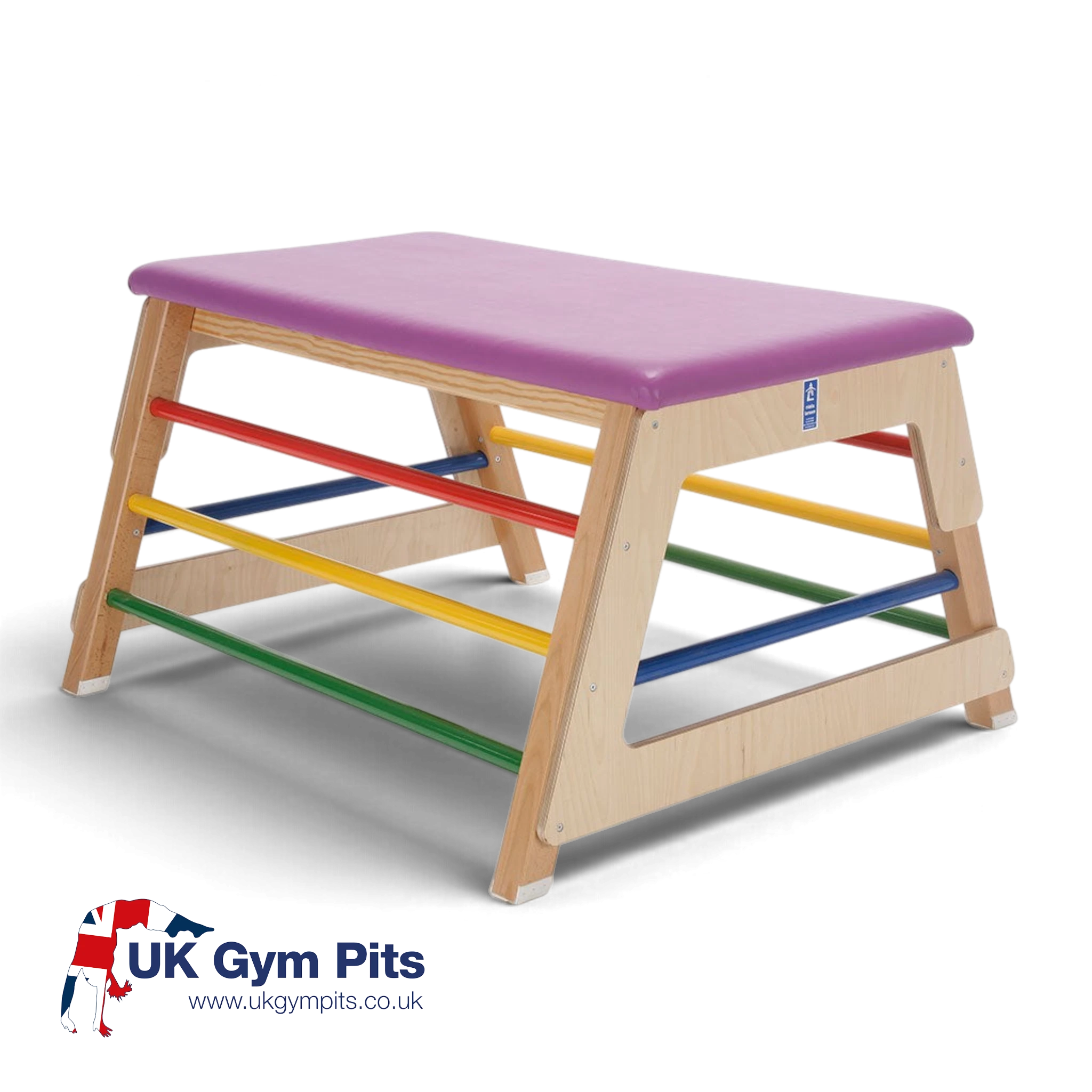 UK Gym Pits multi-coloured junior activ bar box with timber frame, padded vinyl top, and powder coated steel bars.