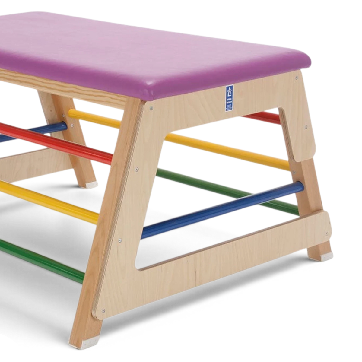 UK Gym Pits multi-coloured junior activ bar box with timber frame, padded purple vinyl top, and steel bars.