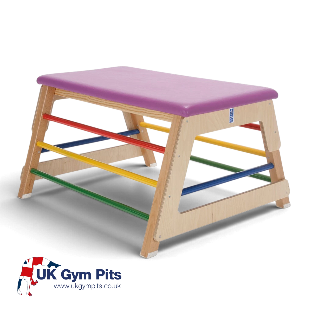 UK Gym Pits multi-coloured junior activ bar box with timber frame, padded vinyl top, and powder coated steel bars.