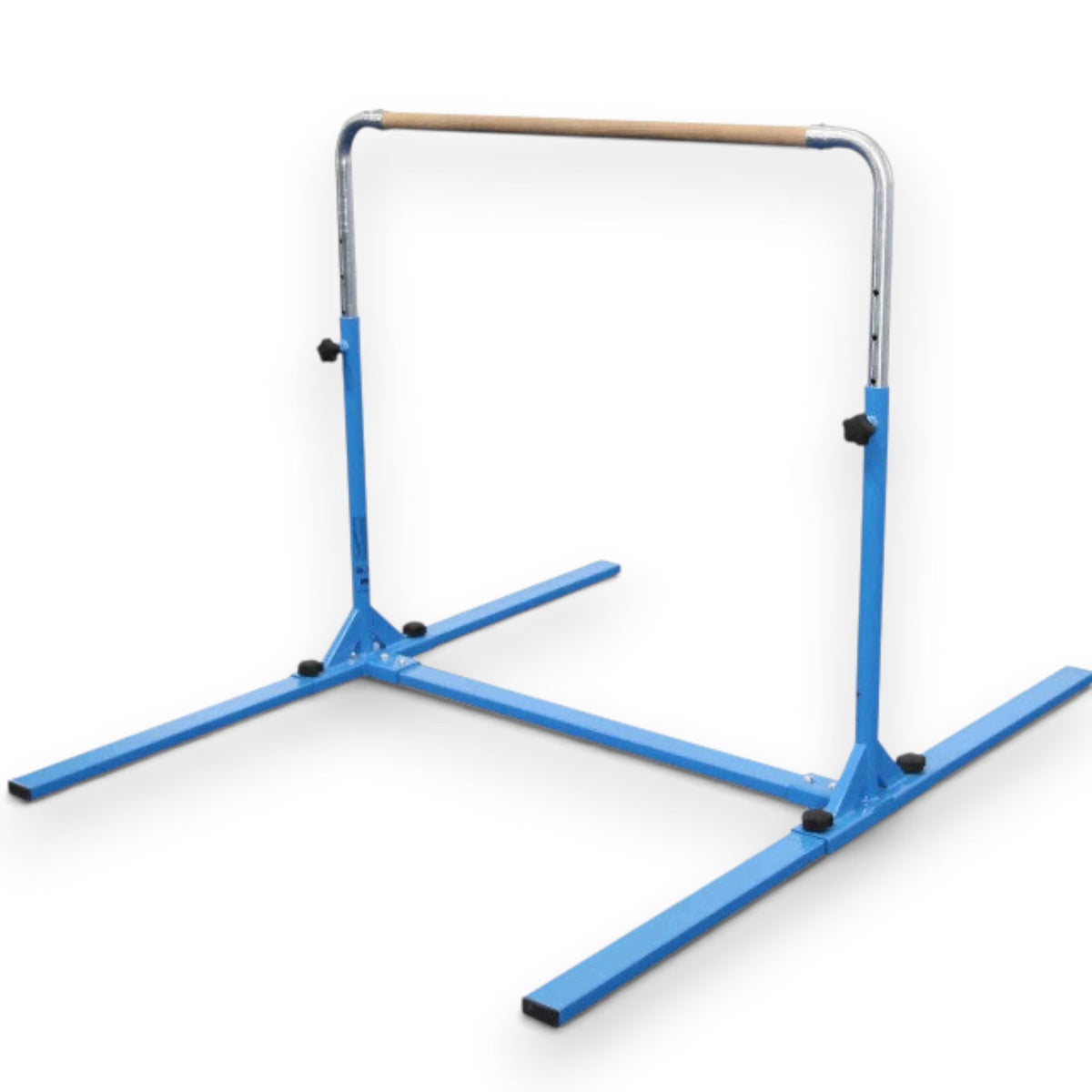 UK Gym Pits Junior Bar Pro in blue with a solid maple wood bar and adjustable powder-coated steel frame.