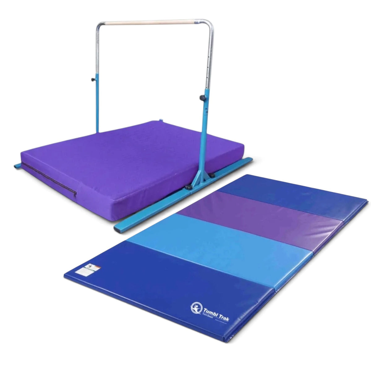 UK Gym Pits Junior Bar Pro package with adjustable gymnastics bar, purple practice mat, and blue folding tumbling mat