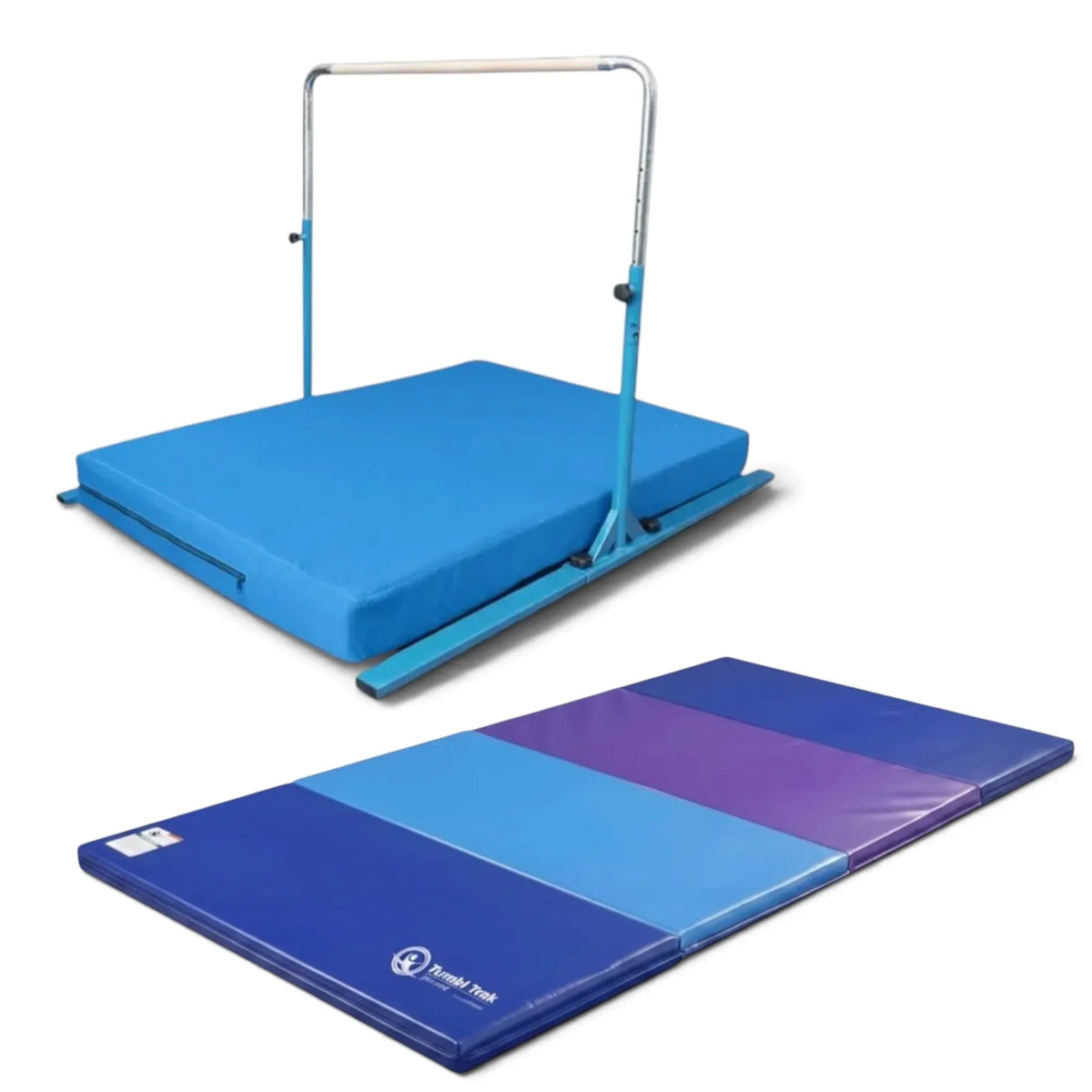 UK Gym Pits Junior Bar Pro gymnastics set with blue practice mat and a folding multi-coloured tumbling mat