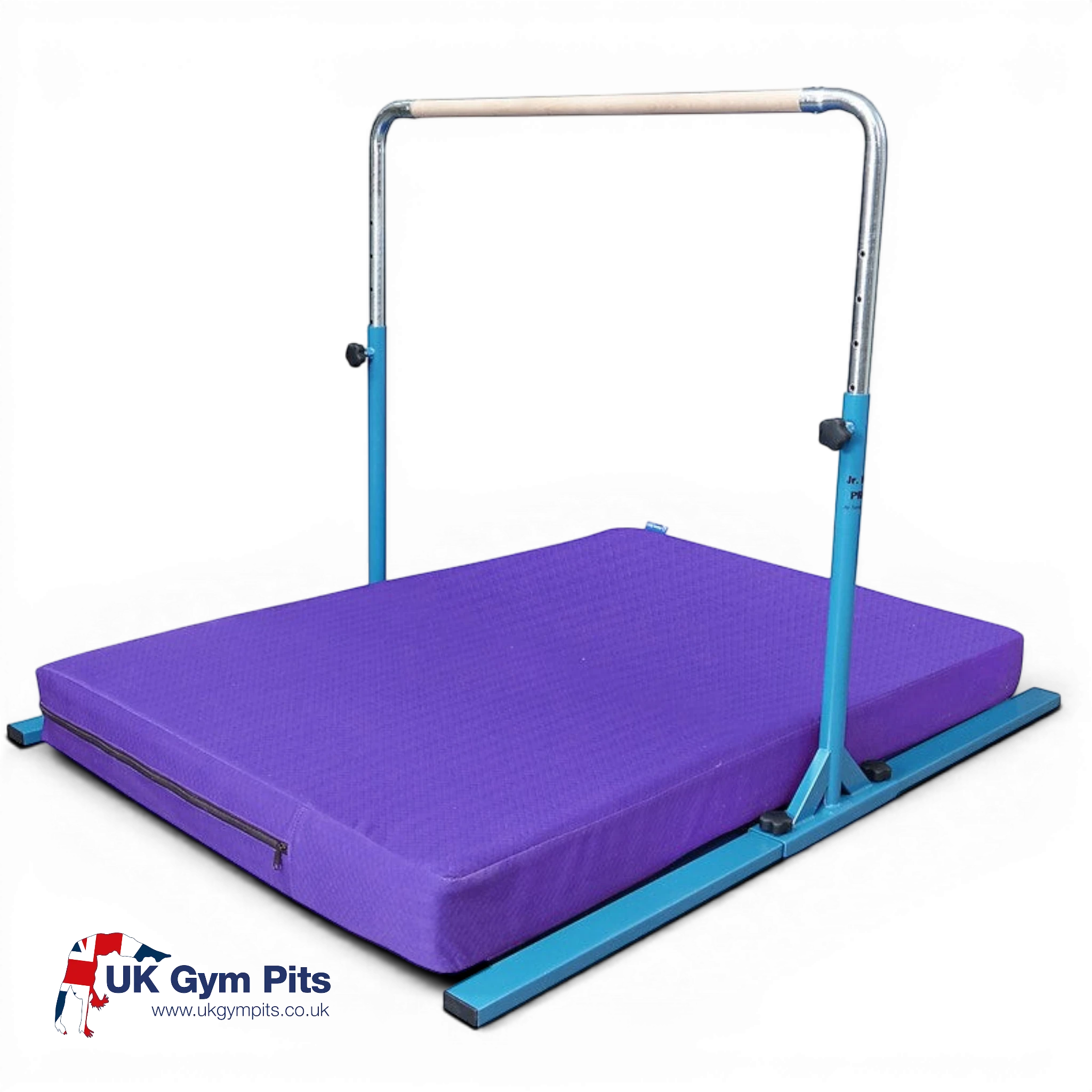 UK Gym Pits Junior Bar Pro gymnastics set with a blue steel frame, wooden bar, and a purple practice landing mat.