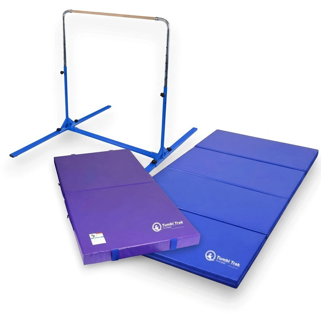 UK Gym Pits Junior Bar Pro package with blue gymnastics bar, purple practice mat, and blue folding tumbling mat.