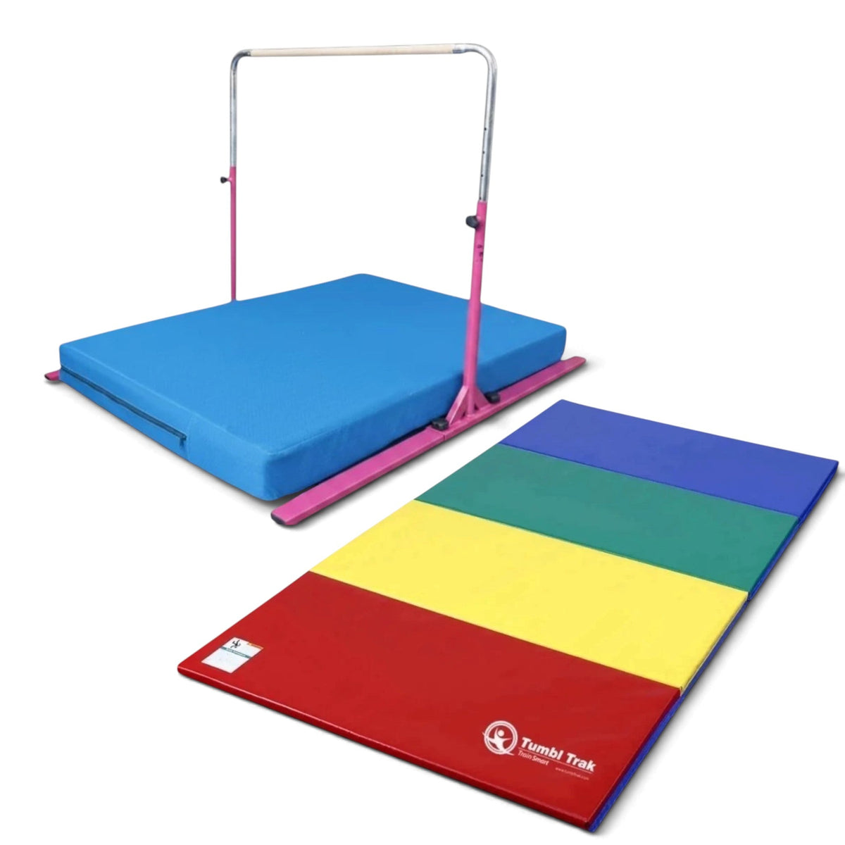 UK Gym Pits Junior Bar Pro package with pink gymnastics bar, blue practice mat, and a multi-coloured folding tumbling mat