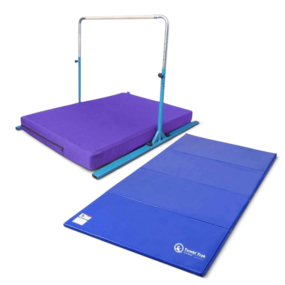 UK Gym Pits blue folding tumbling mat for gymnastics and exercise training on a white background