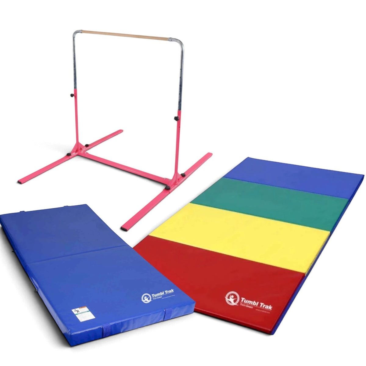 UK Gym Pits Junior Bar Pro package with pink gymnastics bar, blue practice mat, and multi-coloured folding tumbling mat.
