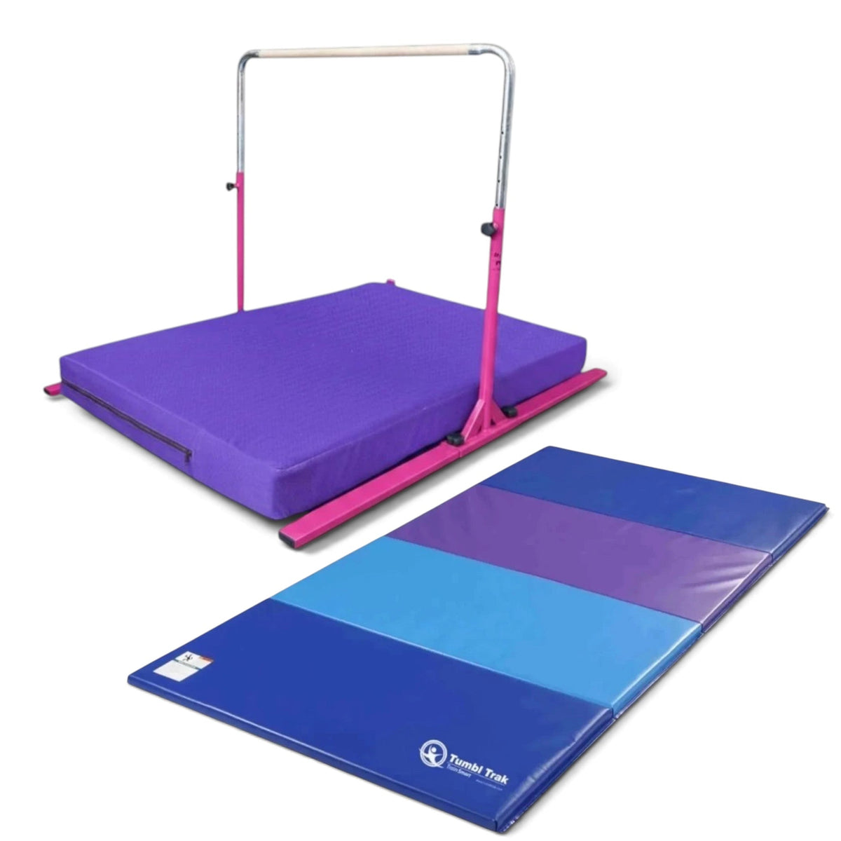 UK Gym Pits folding tumbling mat with blue and purple vinyl panels for gymnastics and exercise training