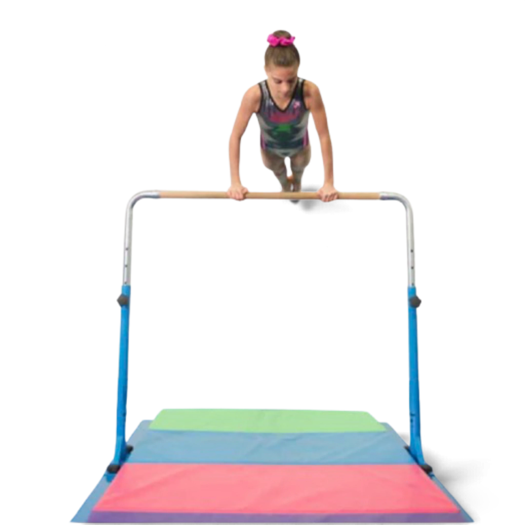 UK Gym Pits Junior Bar Pro with a young gymnast performing a skill over the wooden bar on a multi-coloured mat set.