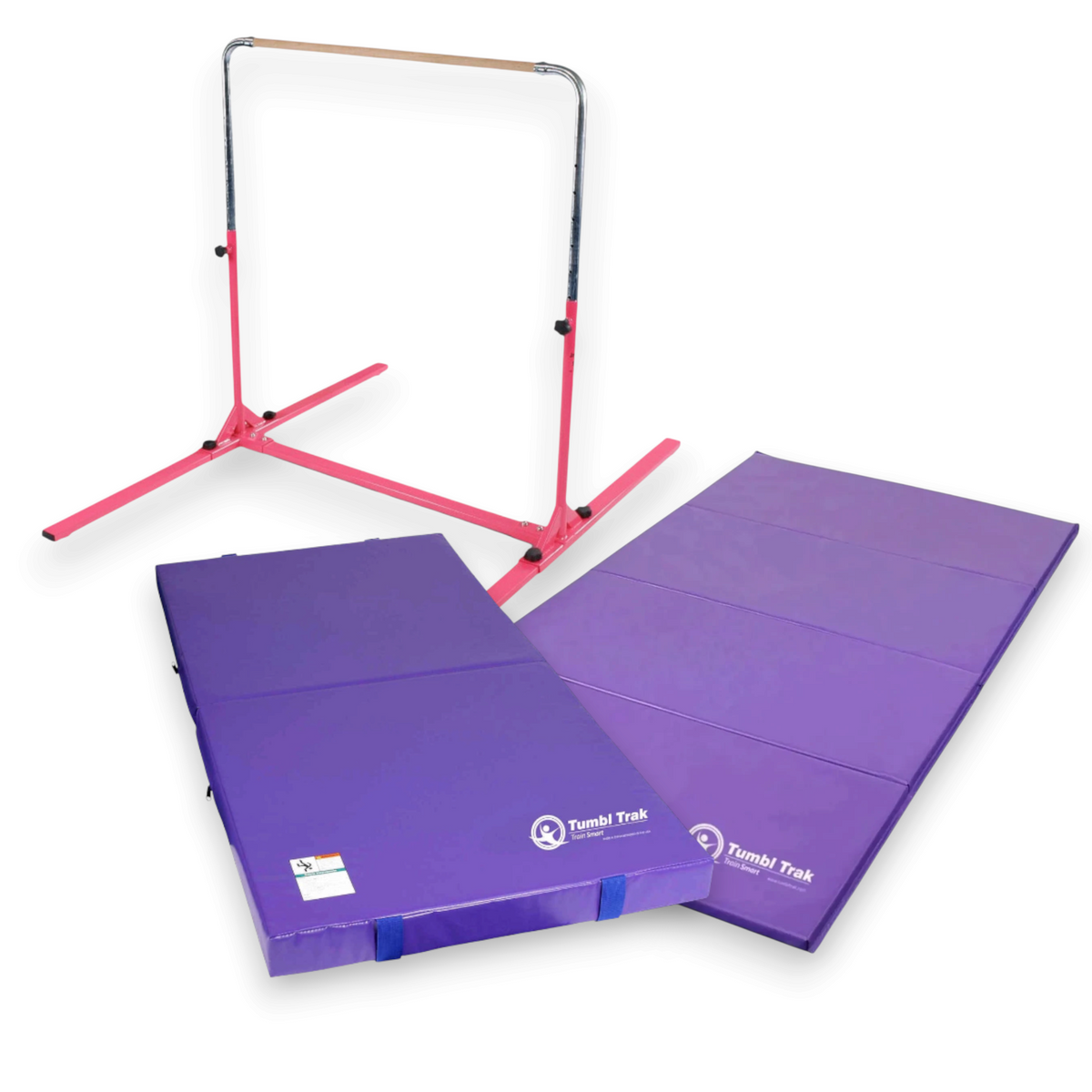 UK Gym Pits Junior Bar Pro package with a pink gymnastics bar and two purple folding practice and tumbling mats.