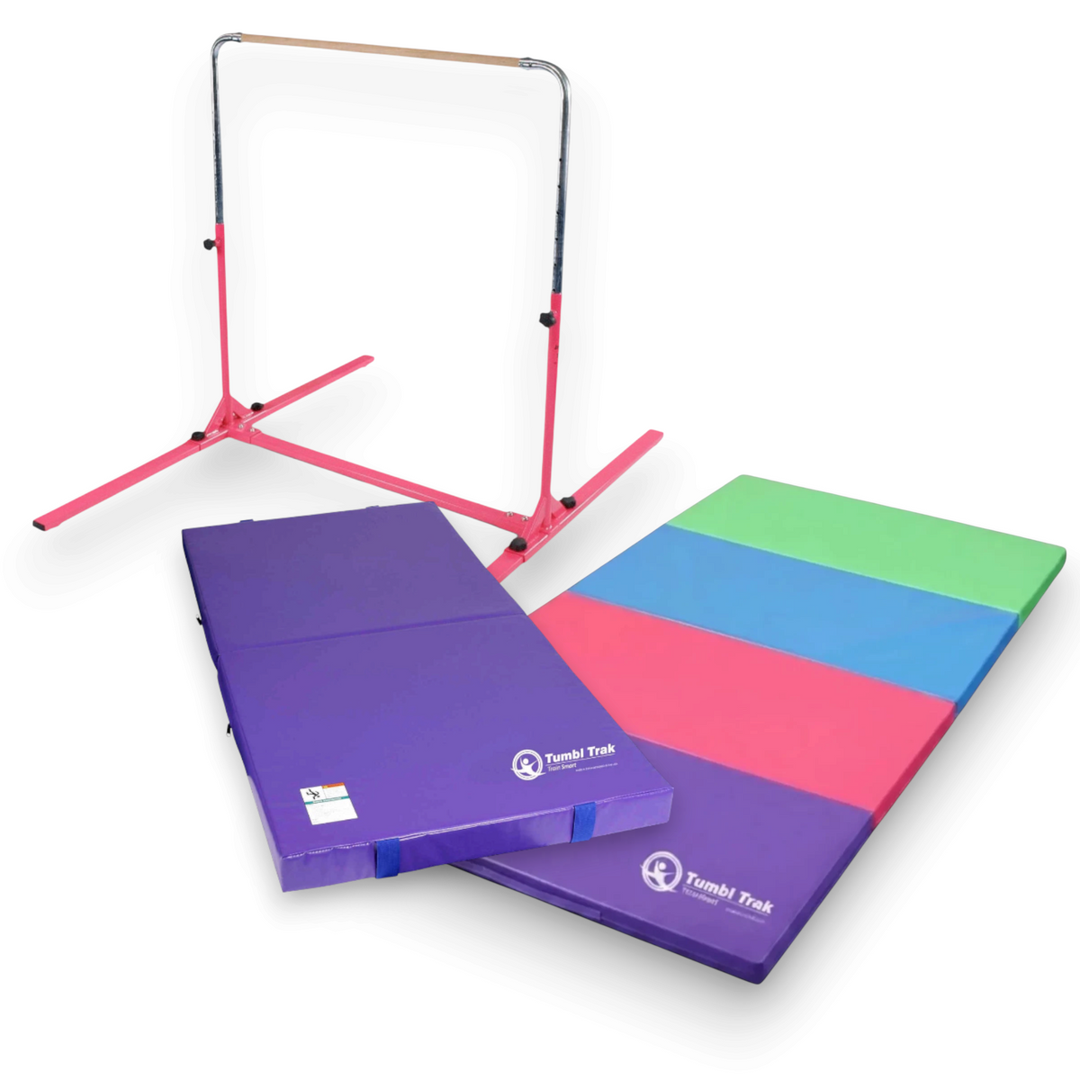 UK Gym Pits Junior Bar Pro package with pink gymnastics bar, purple practice mat, and multi-coloured folding mat.