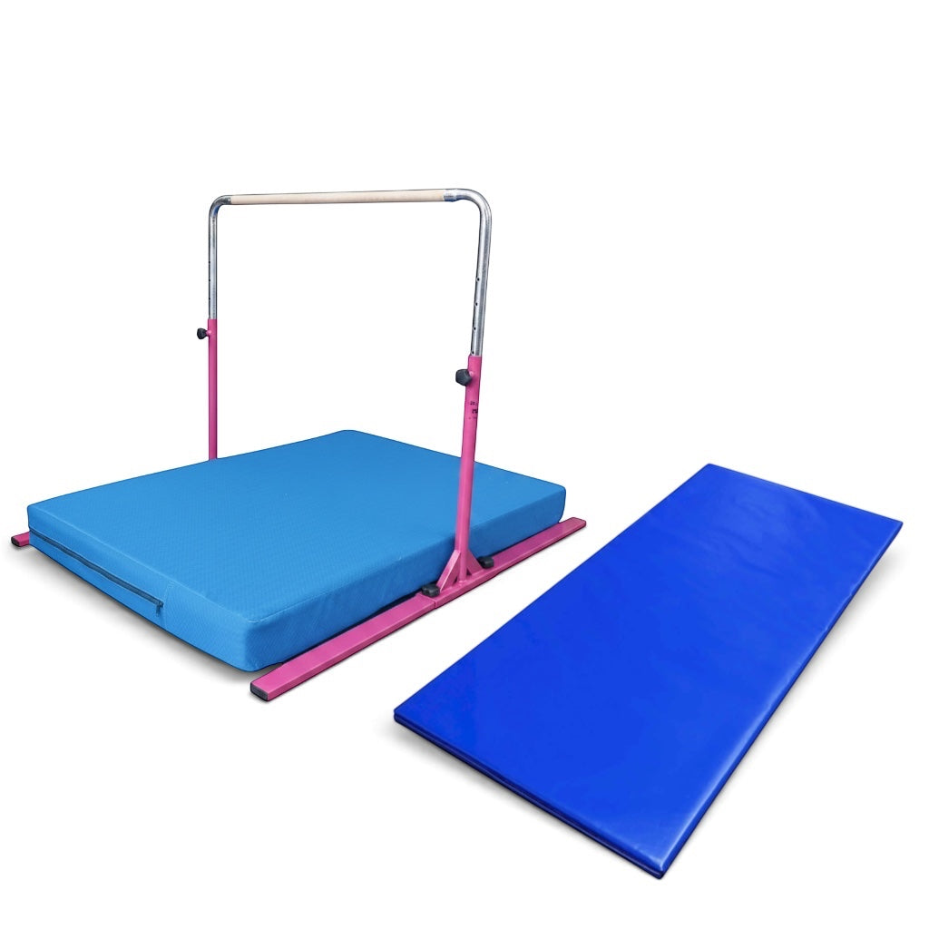 UK Gym Pits Junior Bar Pro package with pink steel bar, blue practice mat, and a separate blue build-a-mat panel.