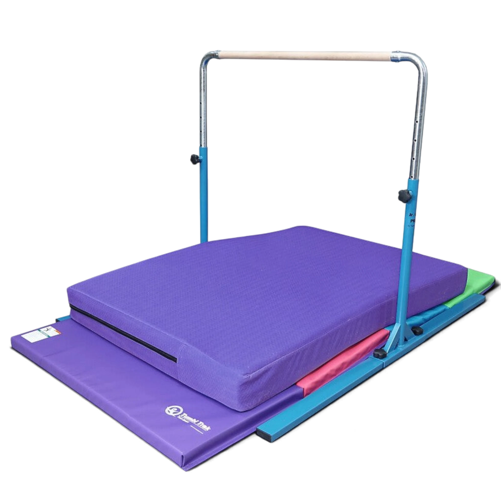 UK Gym Pits Junior Bar Pro gymnastics set with blue steel bar, purple practice mat, and multi-coloured tumbling mat.