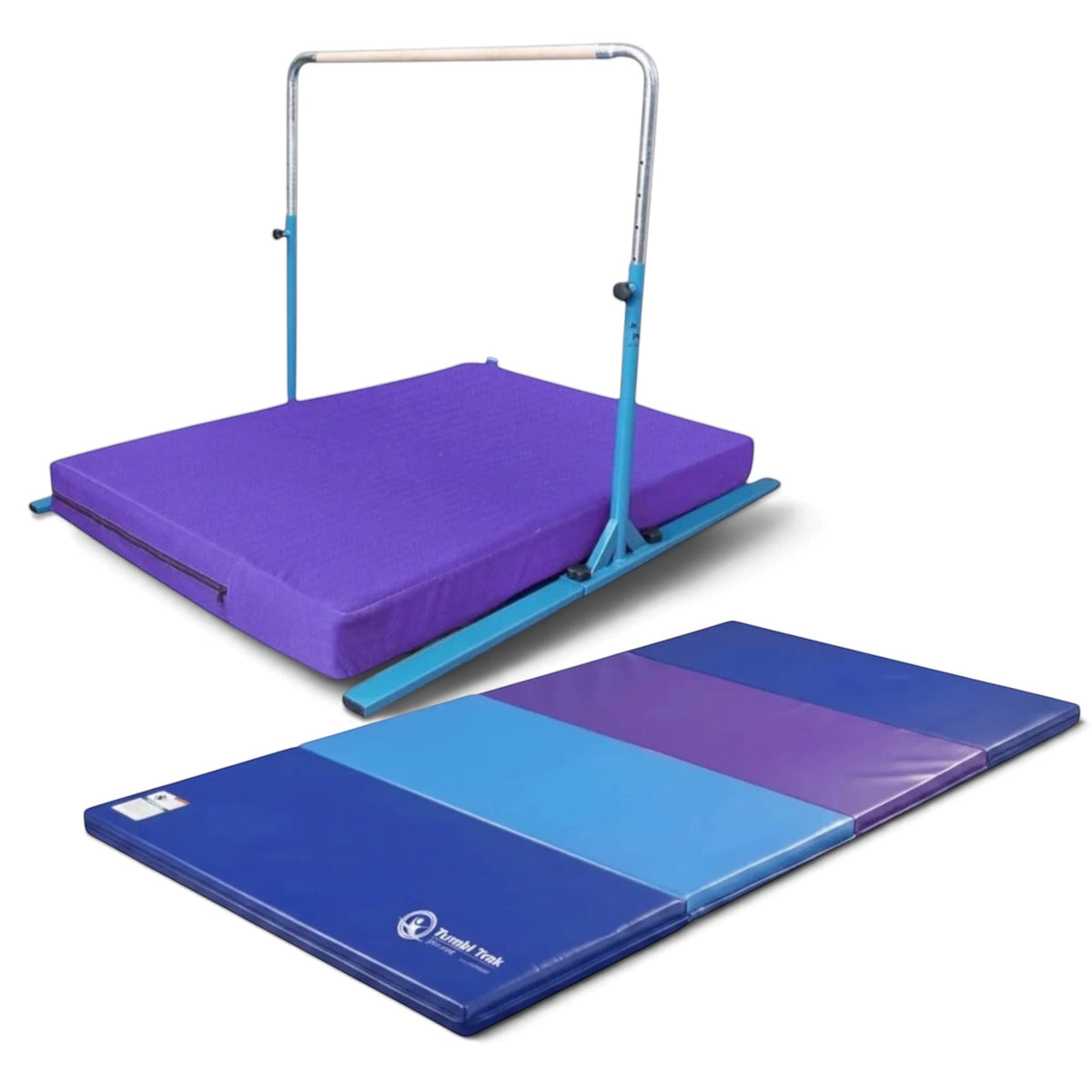 UK Gym Pits Junior Bar Pro gymnastics set with a blue adjustable bar, purple practice mat, and folding tumbling mat.