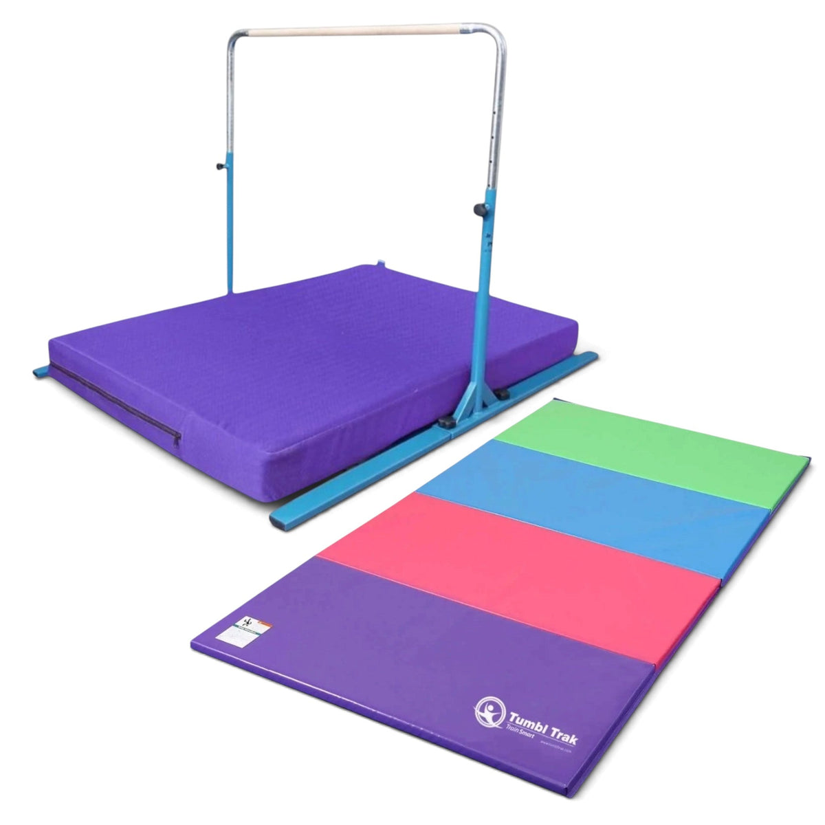 UK Gym Pits Junior Bar Pro gymnastics set with blue adjustable bar, purple practice mat, and folding tumbling mat.