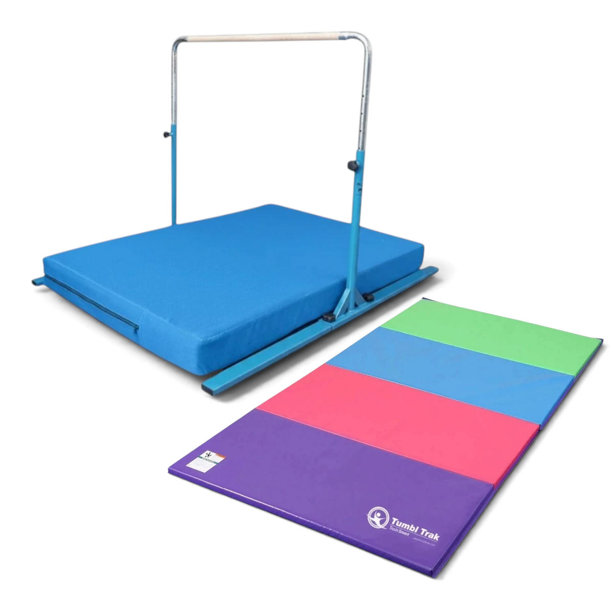 UK Gym Pits Junior Bar Pro package with adjustable blue gymnastics bar, practice mat, and multi-coloured tumbling mat