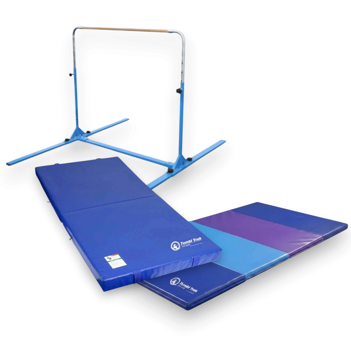 UK Gym Pits Junior Bar Pro package with blue gymnastics bar, practice mat, and folding tumbling mat for home training.