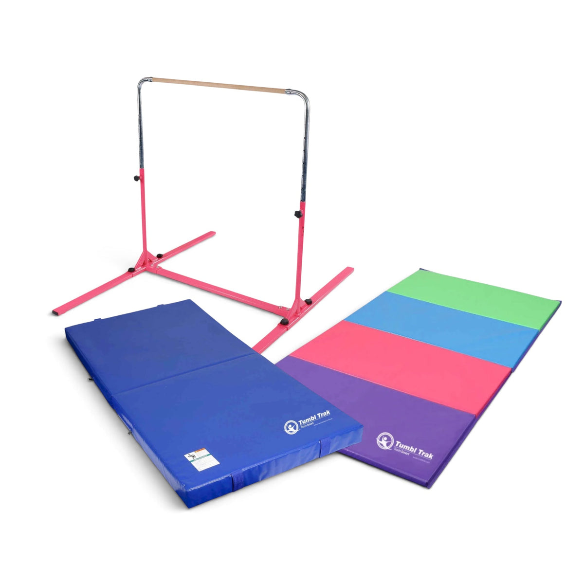 UK Gym Pits Junior Bar Pro package with pink gymnastics bar, blue practice mat, and multi-coloured folding tumbling mat