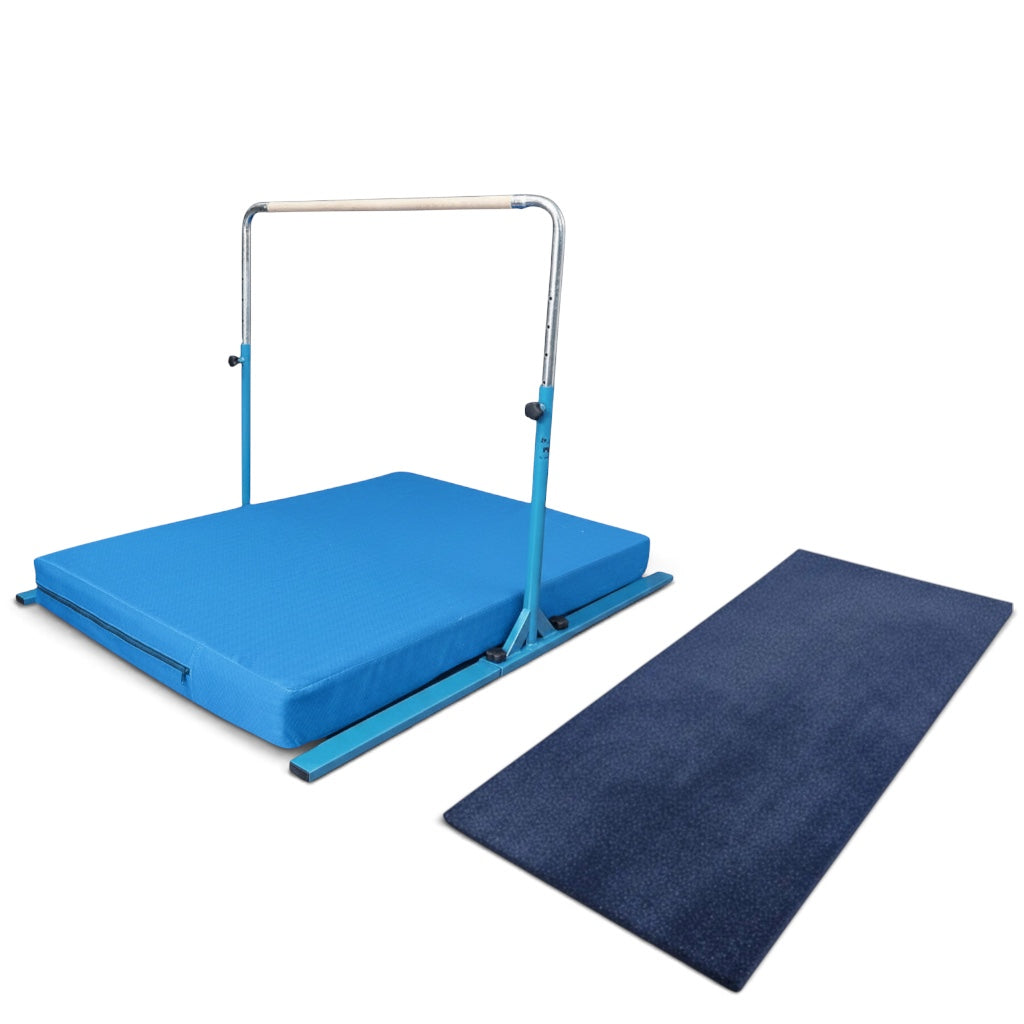 UK Gym Pits Junior Bar Pro package with blue gymnastics bar, soft practice mat, and a separate rectangular floor mat.