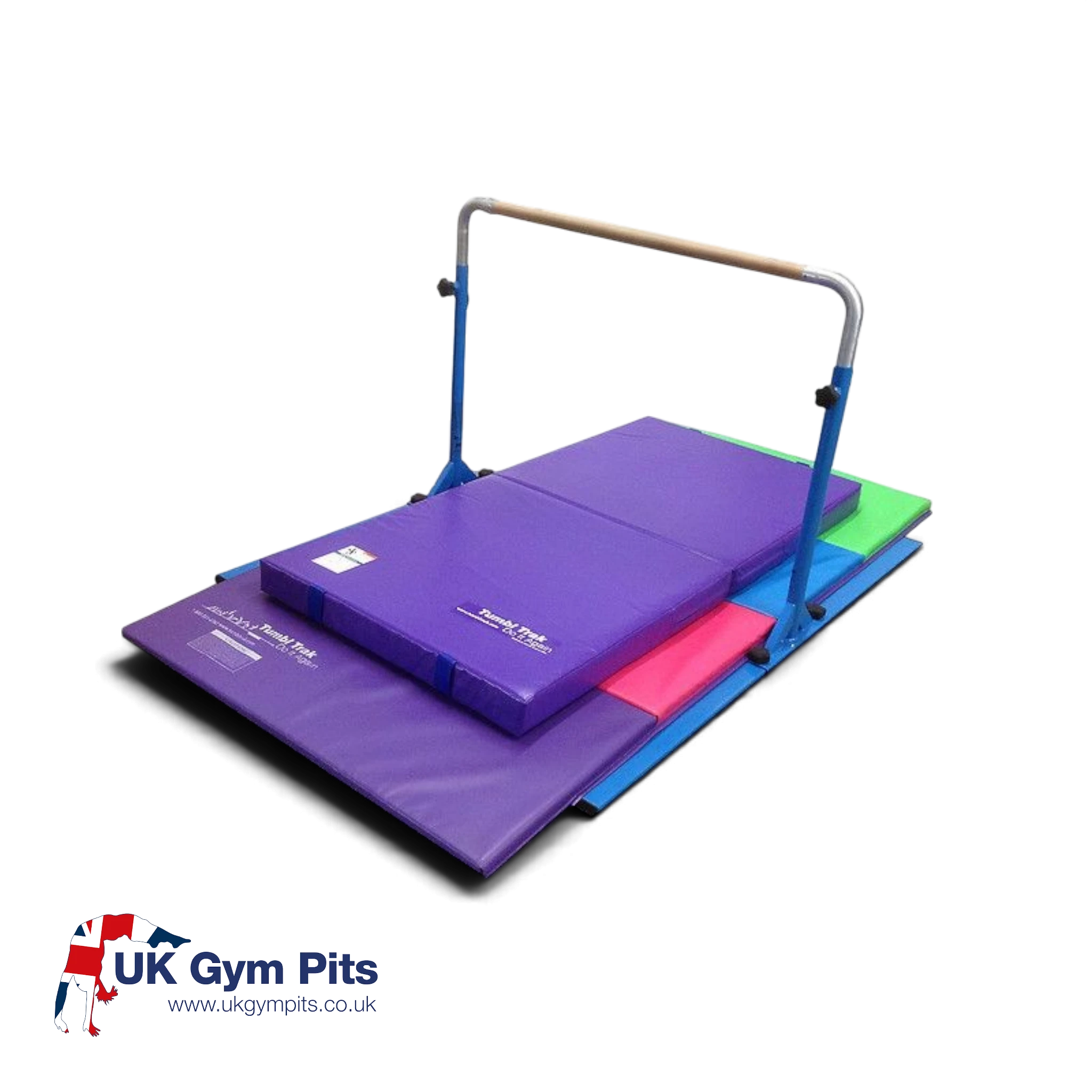 UK Gym Pits Junior Bar Pro gymnastics set with adjustable bar, purple practice mat, and colourful tumbling floor mats.