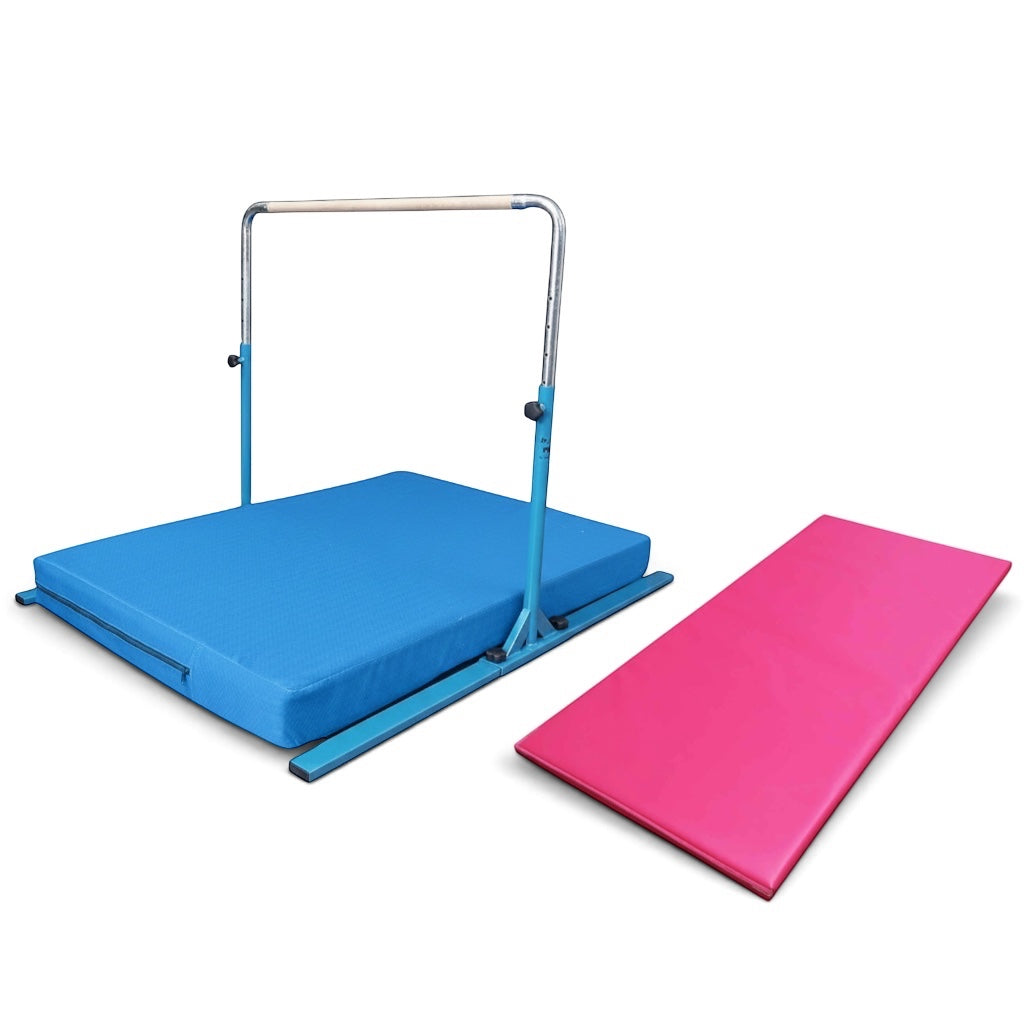 UK Gym Pits Junior Bar Pro package with blue gymnastics bar, blue practice mat, and a pink build-a-mat floor panel.